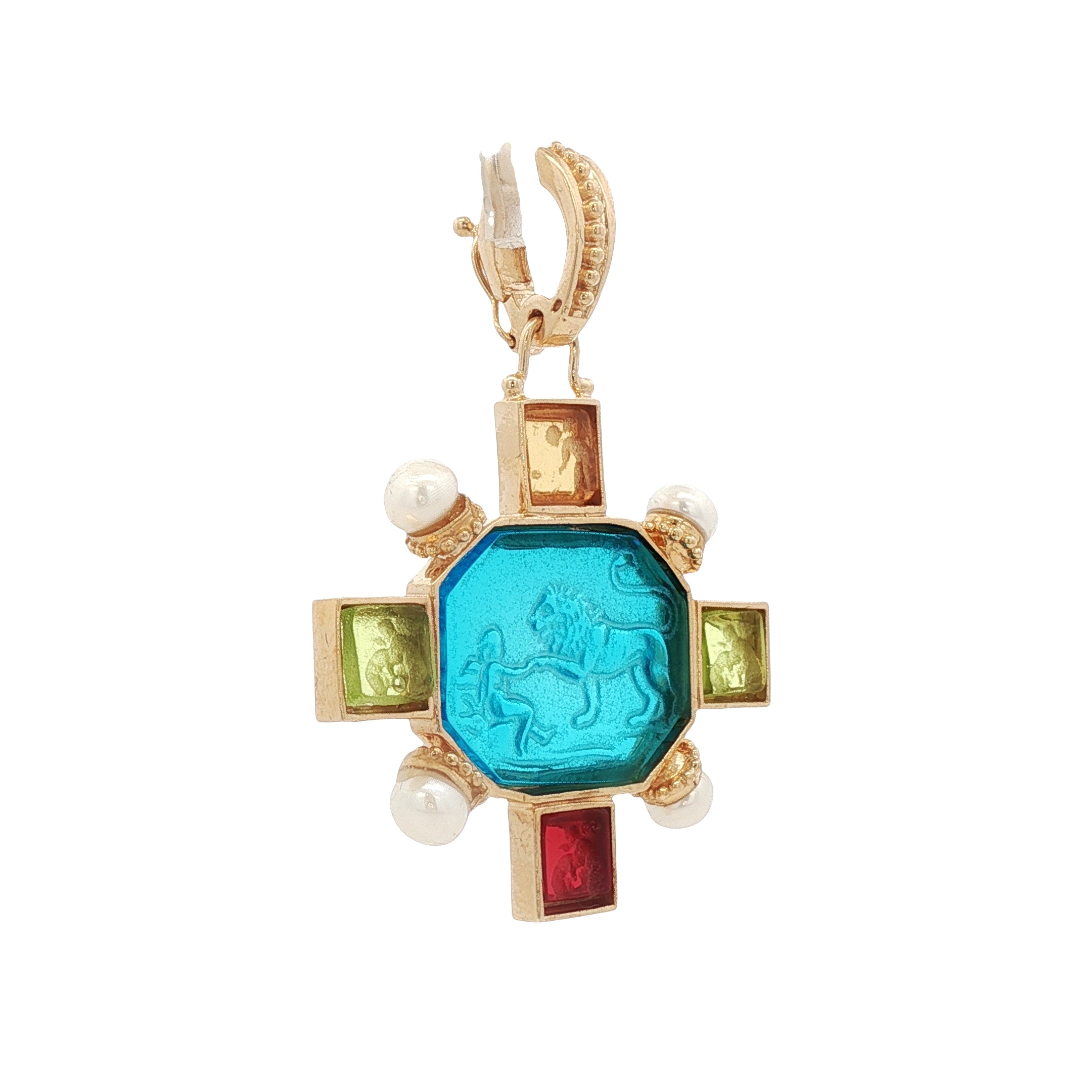 925YG OCTAGONAL LION AND BOY MULTICOLOR AND PEARL PENDANT