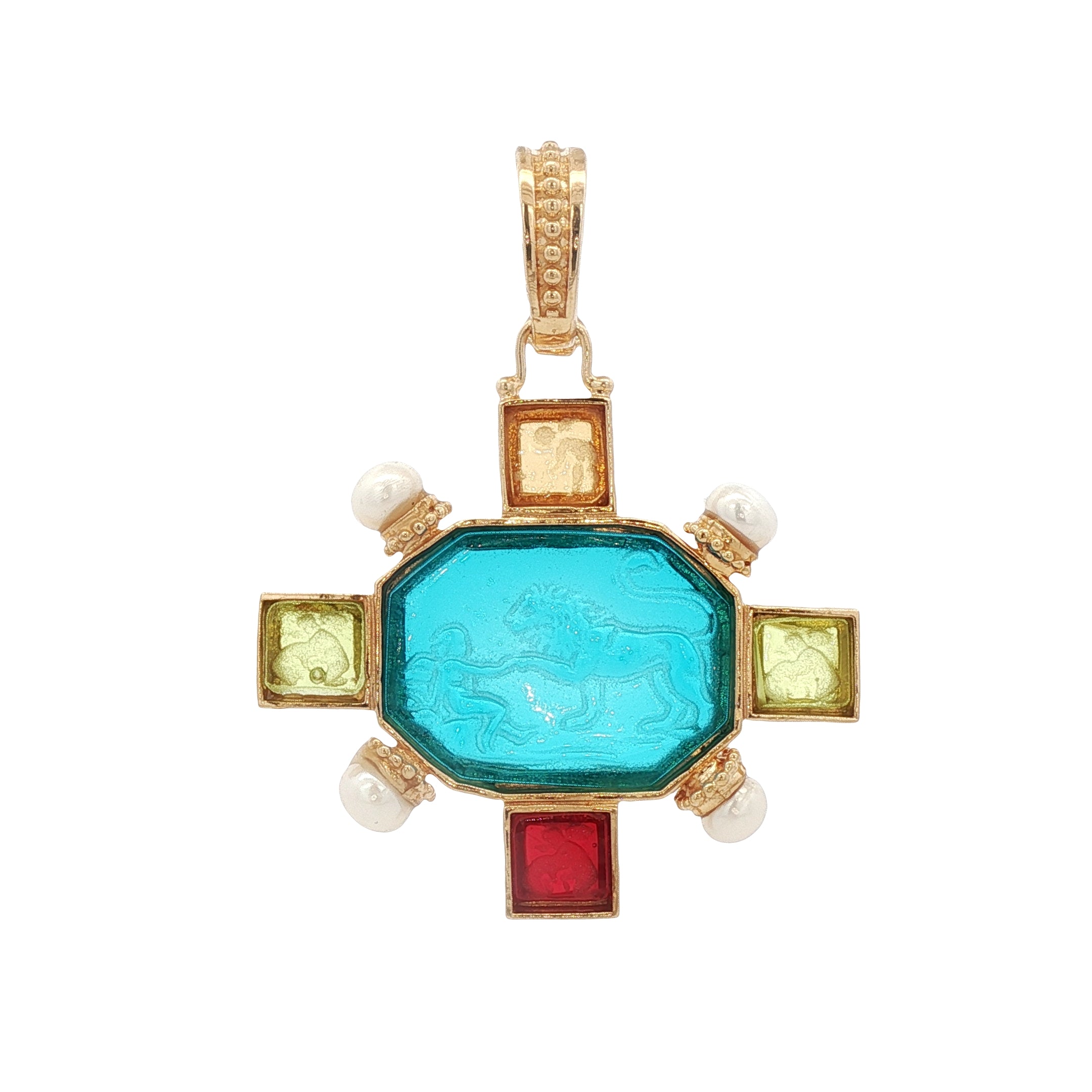 925YG OCTAGONAL LION AND BOY MULTICOLOR AND PEARL PENDANT