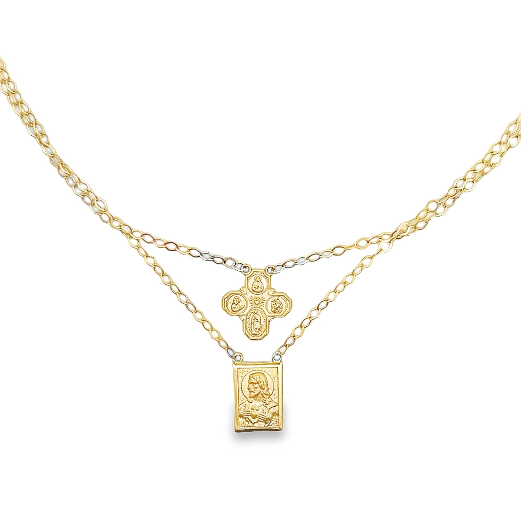 14KY SCAPULAR WITH MINI 4 WAY CROSS DOUBLE CHAIN NECKLACE - C'SANTOS