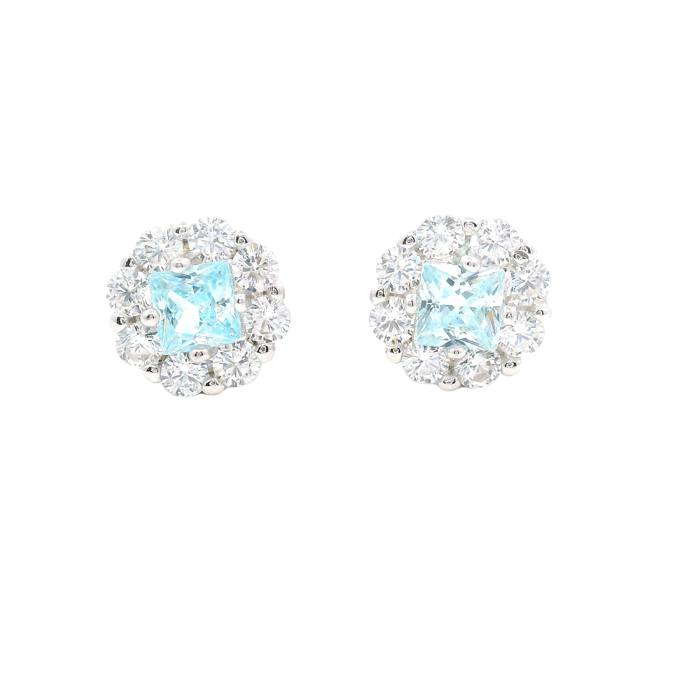 Aretes Halo Redondo en Plata 925 con Circonia Aqua