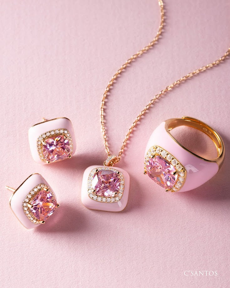 Aretes Cuadrados en Plata 925 Bañada en Oro con Circonia Rosa