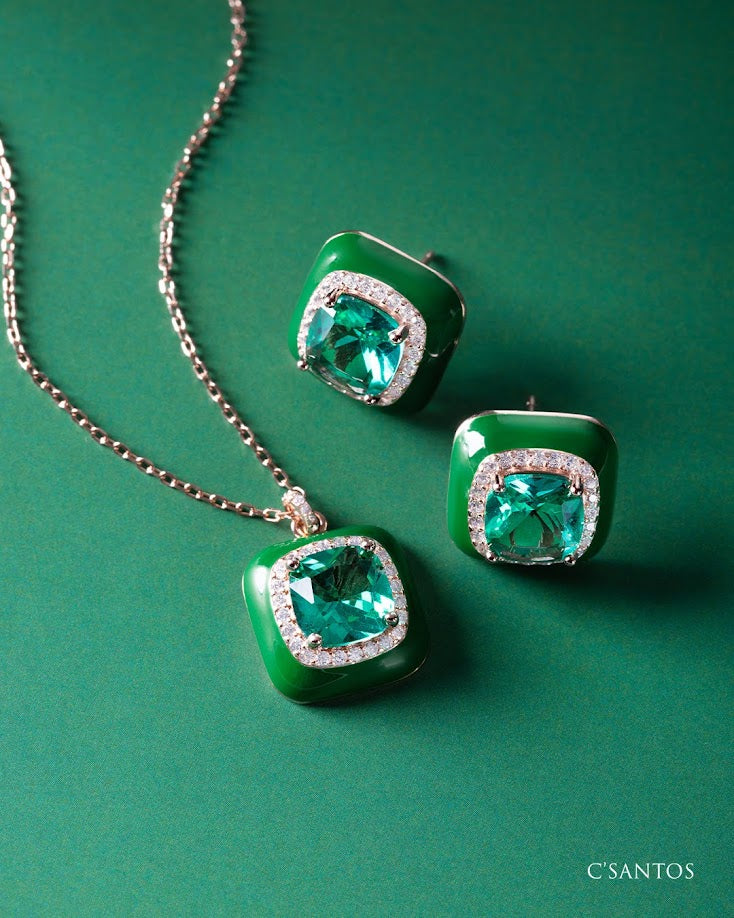Collar con Dije Cuadrado Verde en Oro Rosa