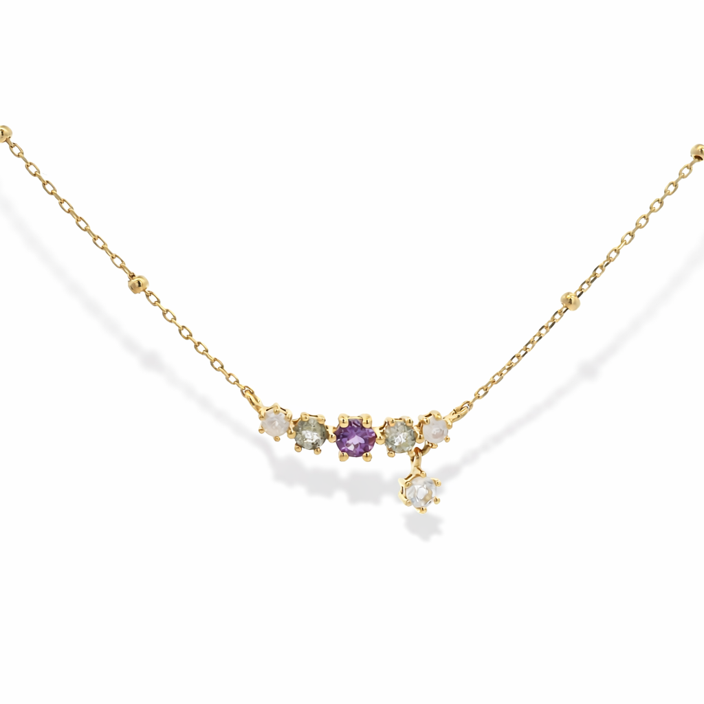 925YG BAR CURV MULTI STONE CENTER AMETHYST NECKLACE