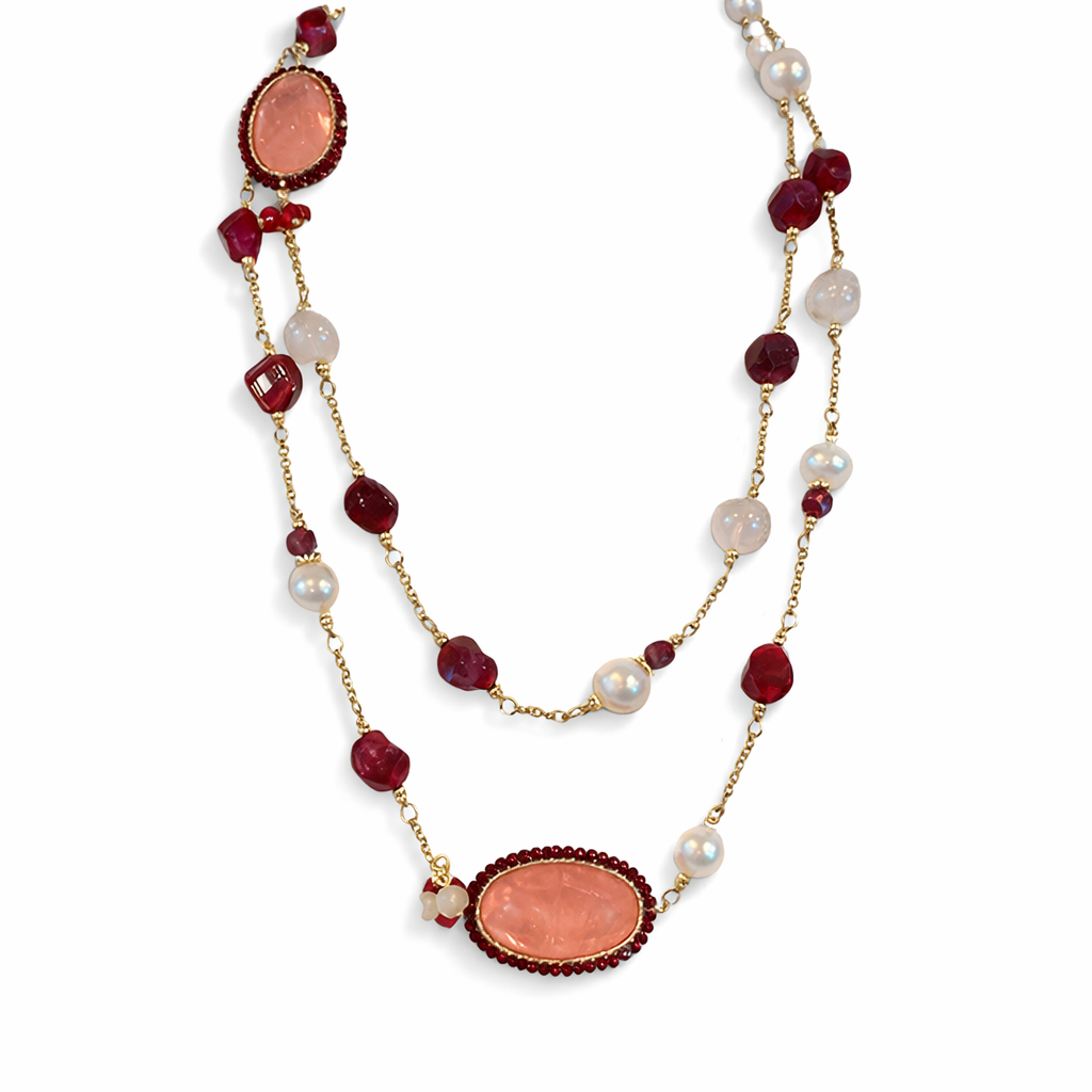 Collar de Plata 925 con Perlas y Cuarzo Rosa