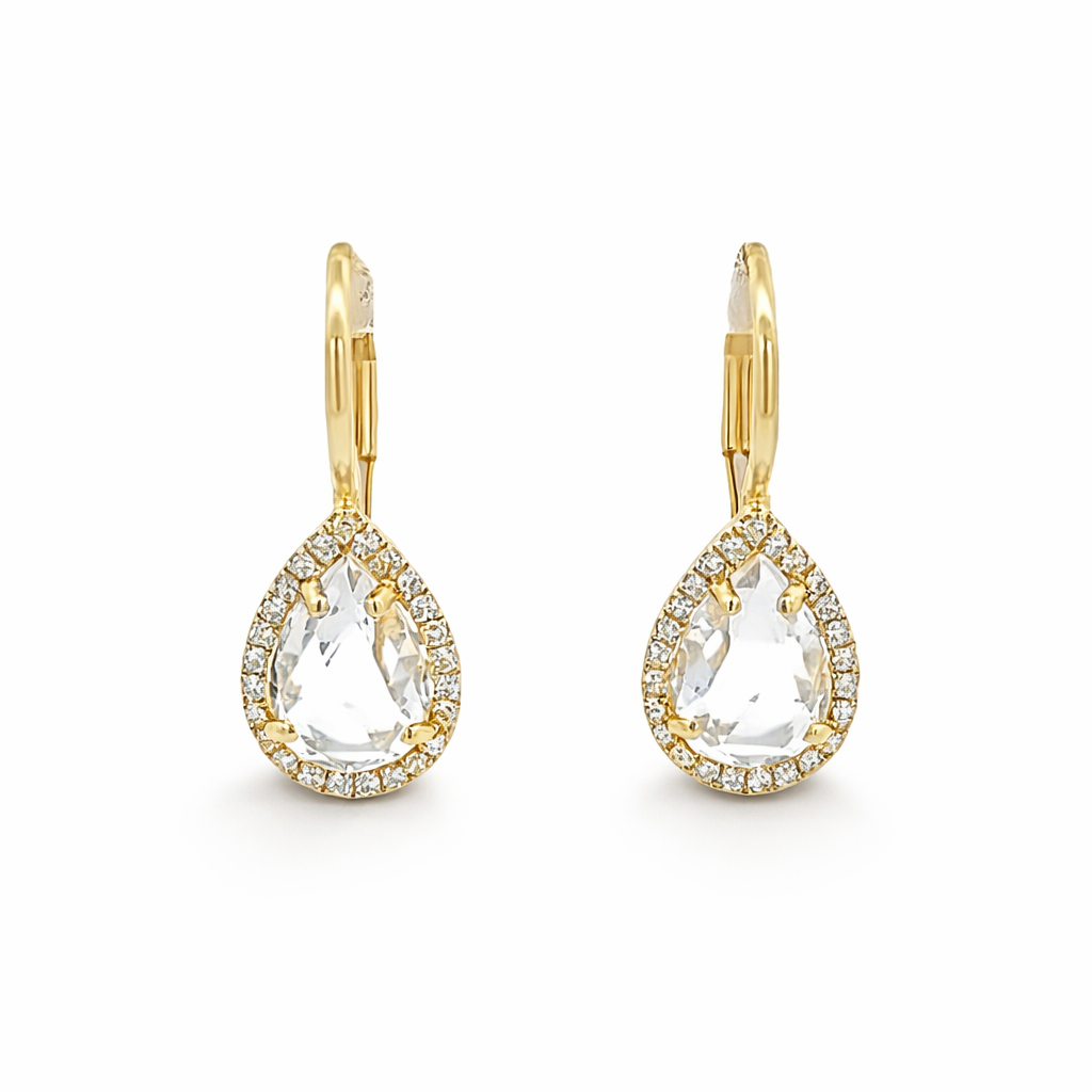 Aretes de Palanca en Oro Amarillo 14K con Topacio Blanco
