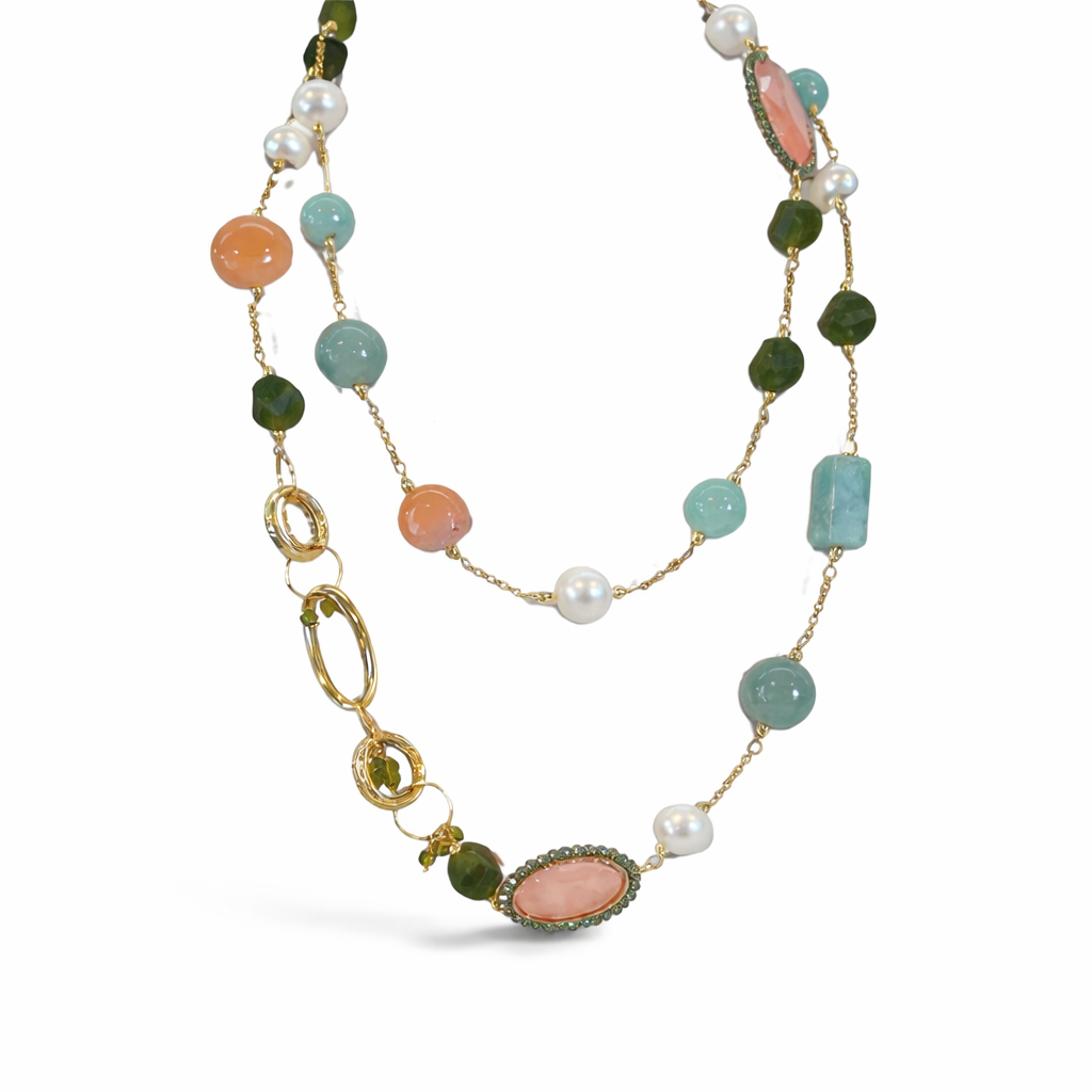 Collar de Plata 925 Bañada en Oro con Amazonita y Perlas