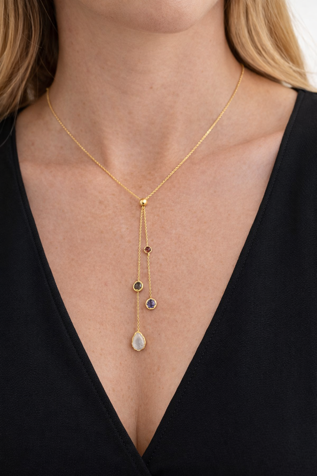 925YG LARIAT DROP ROSE QUART STATION GARNET AMETHYST NECKLACE