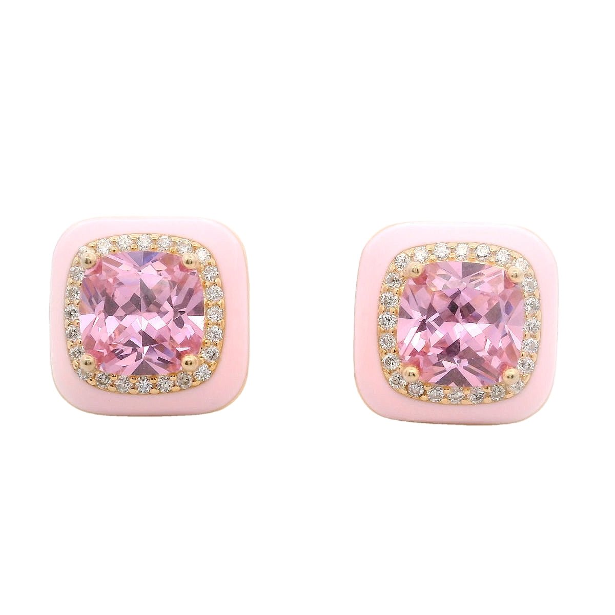 925GD BIG SQUARE PINK CZ ENAMEL PINK EARRINGS - C'SANTOS