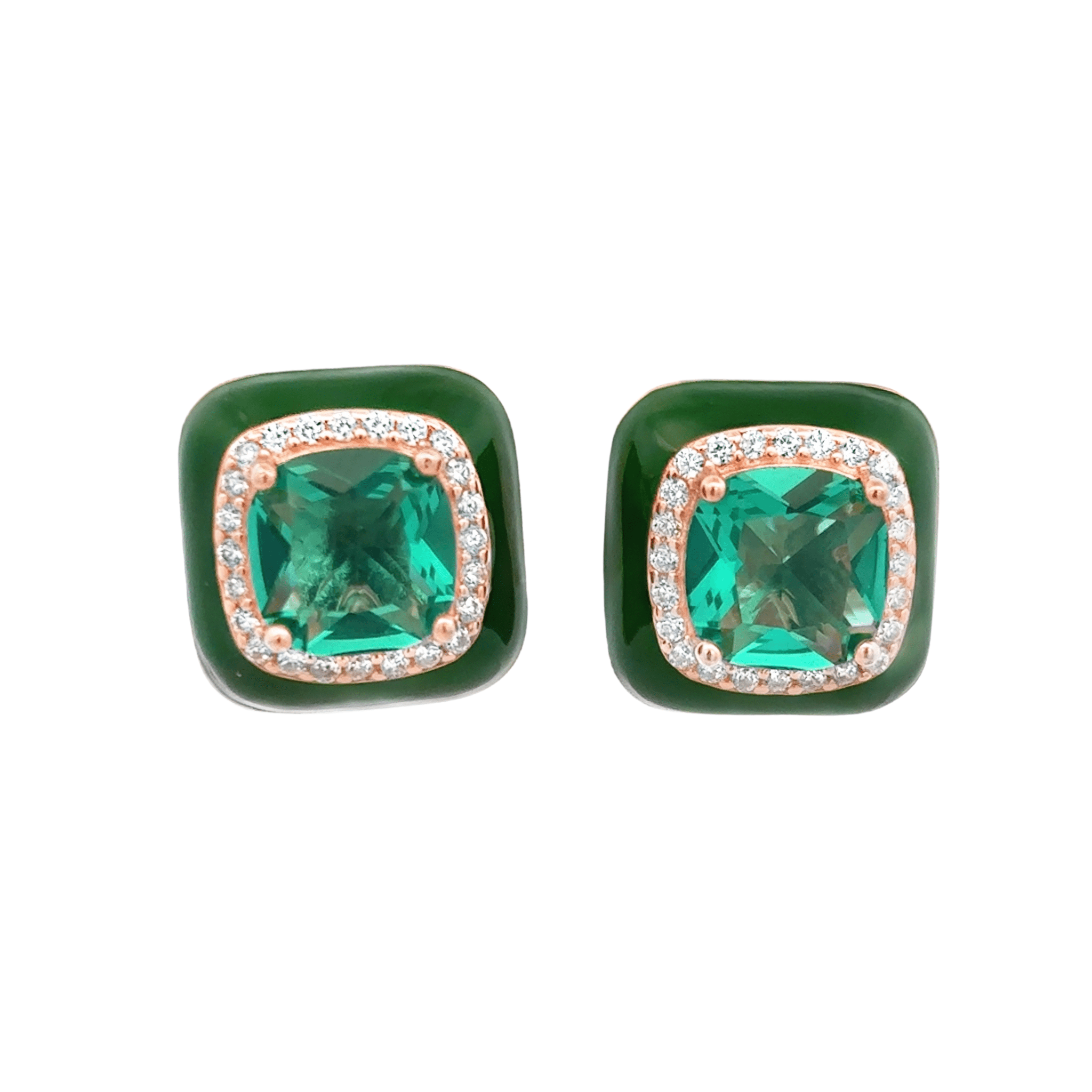 925RG BIG SQUARE GREEN CZ ENAMEL GREEN EARRINGS - C'SANTOS