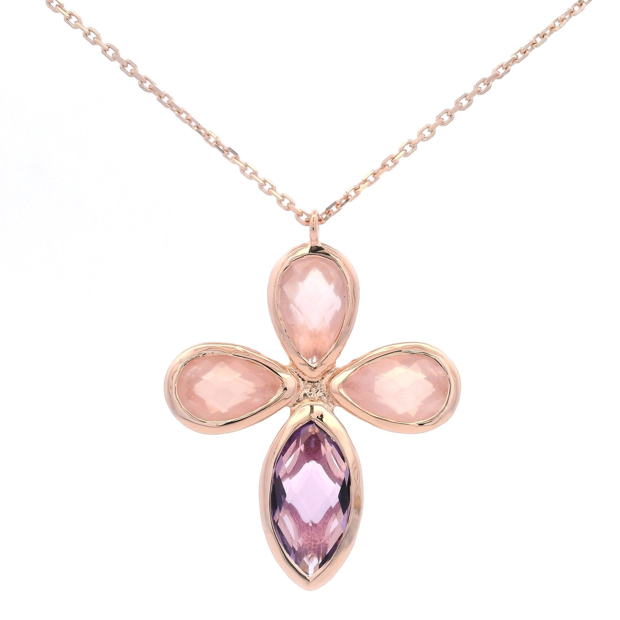 925RG CHUNKY CROSS ROSE QUARTZ AMETHYST NECKLACE - C'SANTOS
