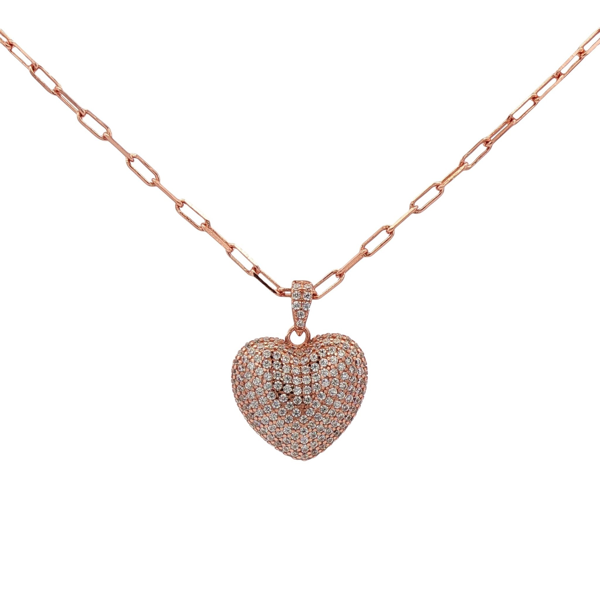 925RG DOME PAVE HEART PAPERCLIP NECKLACE - C'SANTOS