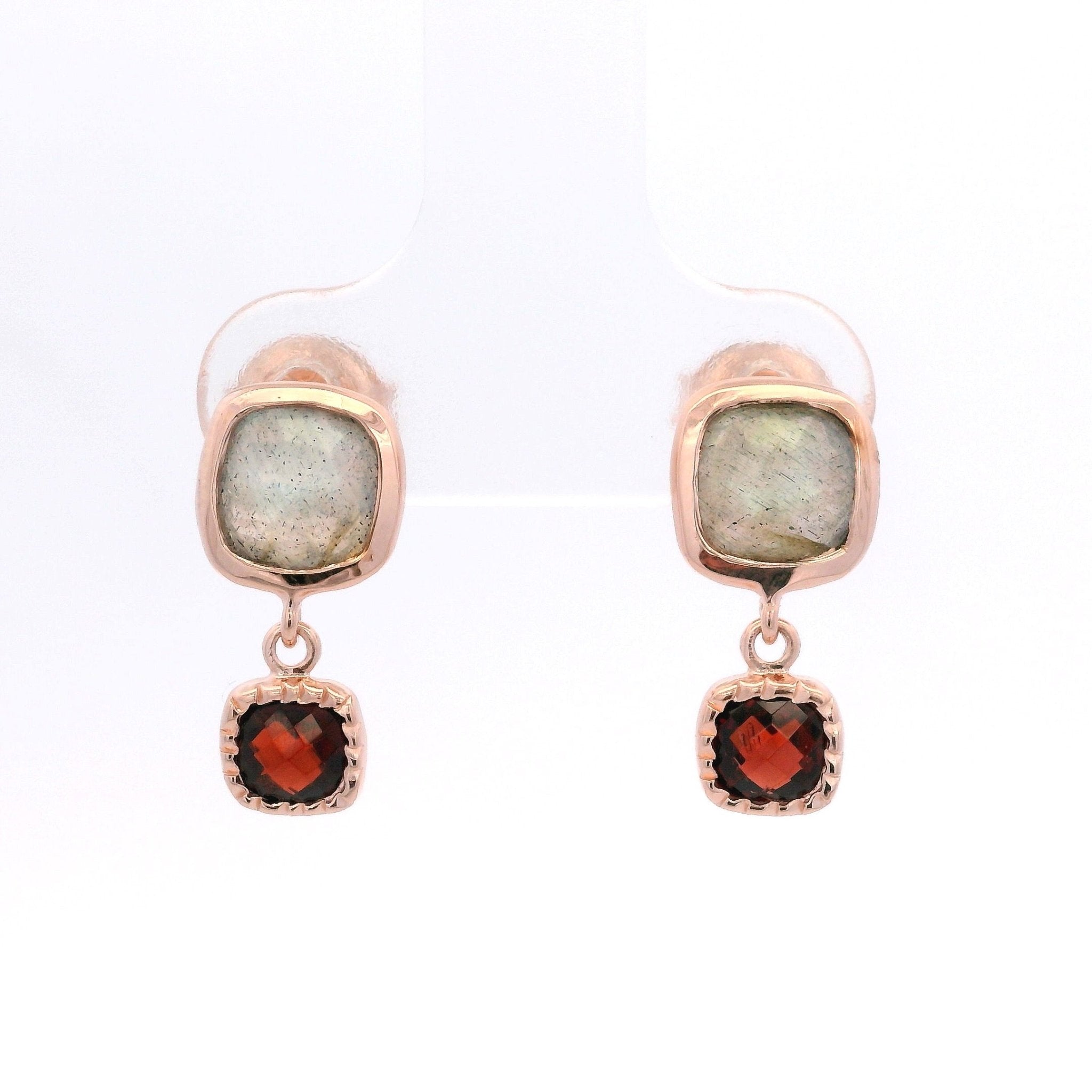 925RG DOUBLE SQUARE LABRADORITE WITH GARNET EARRINGS - C'SANTOS