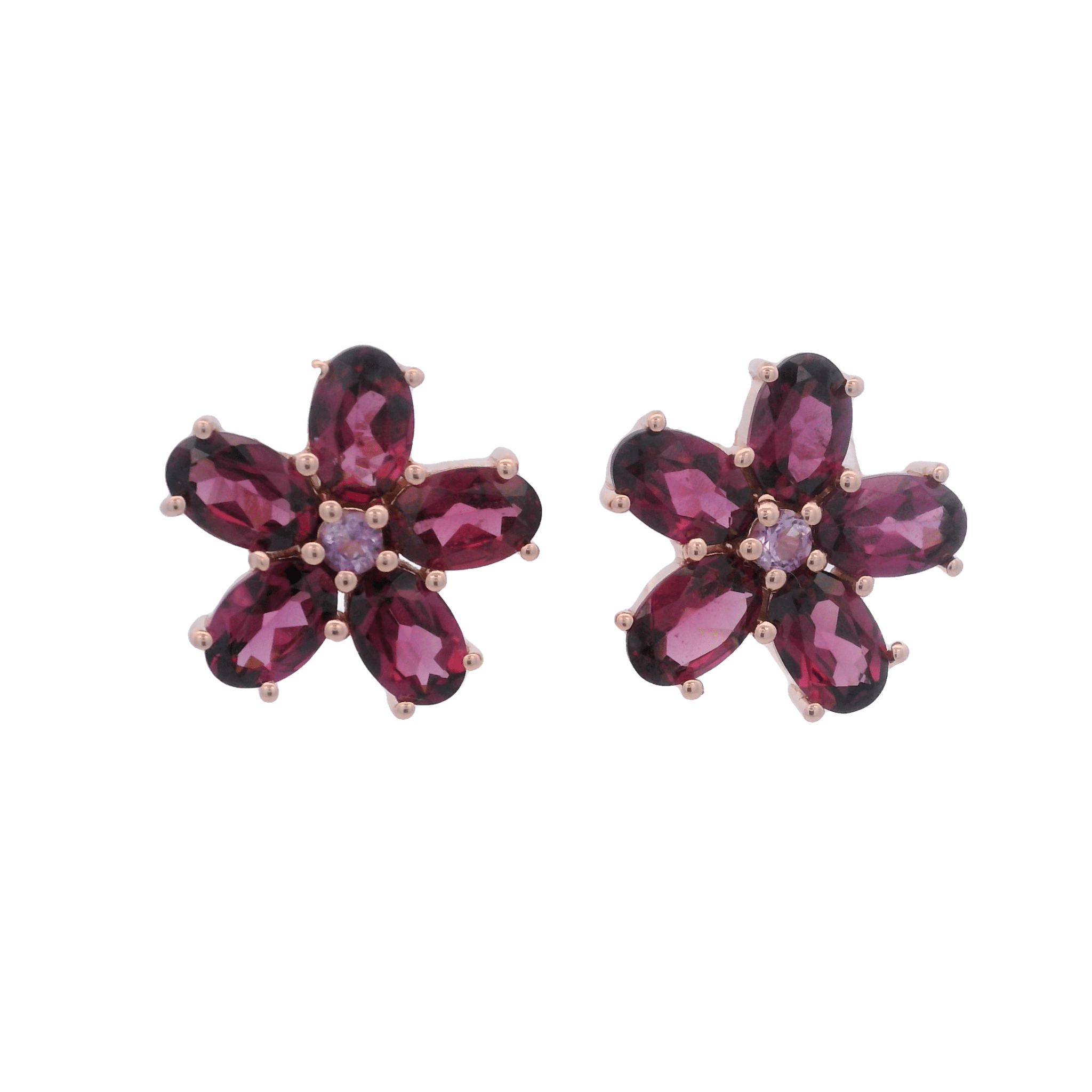 925RG FLOWER 14MM GARNET CENTER AMETHYST EARRINGS - C'SANTOS