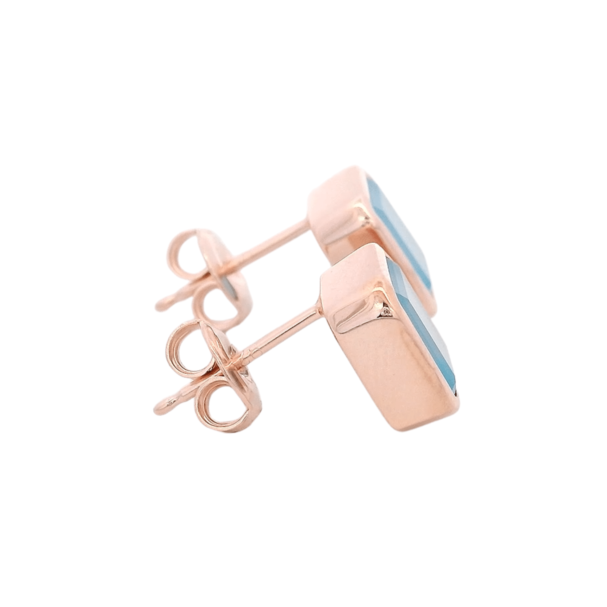 925RG SOLITARY BAGUETTE CHALCEDONY BLUE BEZEL 9MM EARRINGS - C'SANTOS