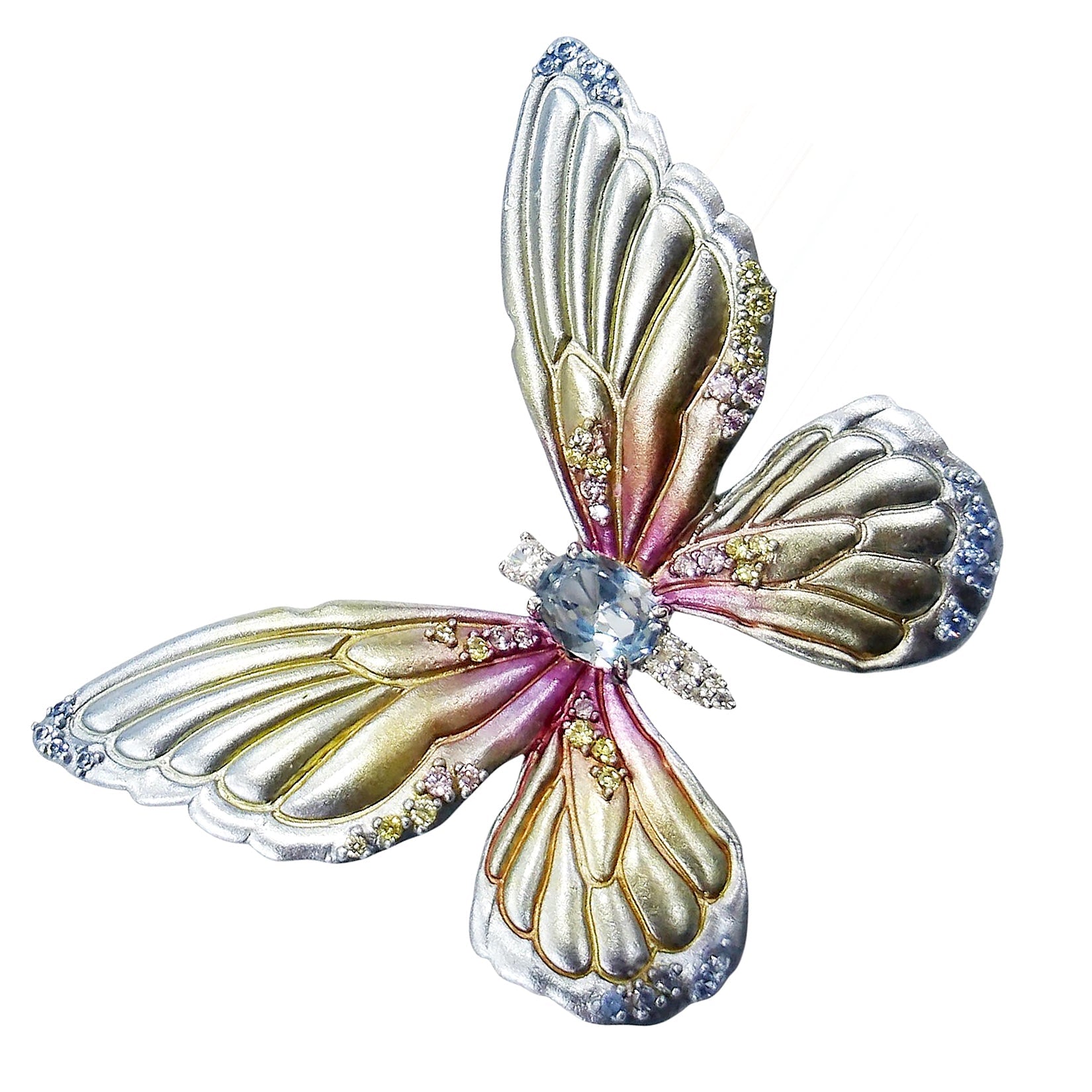 925SL BIG BUTTERFLY ALUMINIUM BLUE TONE CENTER SYN BLUE TOPAZ BROOCH - C'SANTOS