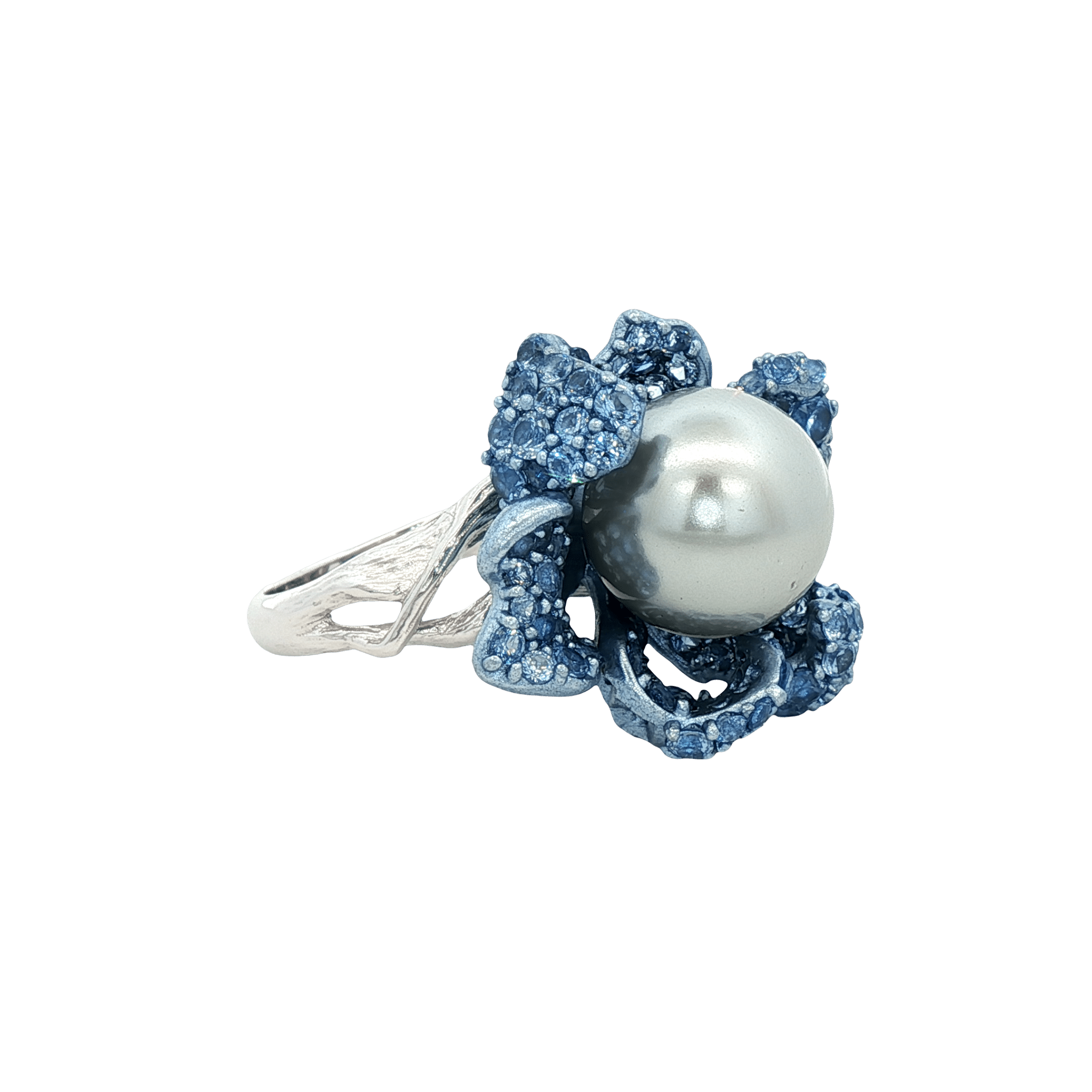 925SL FLOWER BLUE PAVE CENTER PEARL AND TOPAZ BLUE CZ RING T8 - C'SANTOS