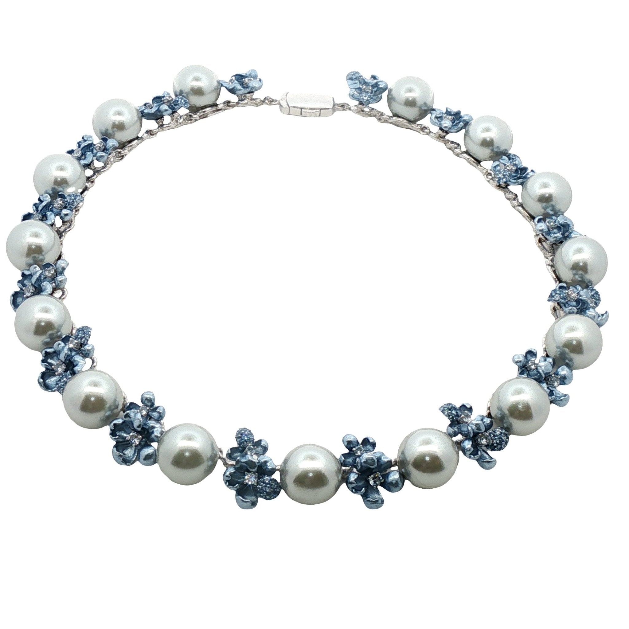 925SL FLOWERS ALUMINIUM BLUE AND PEARLS GREY CZ NECKLACE - C'SANTOS