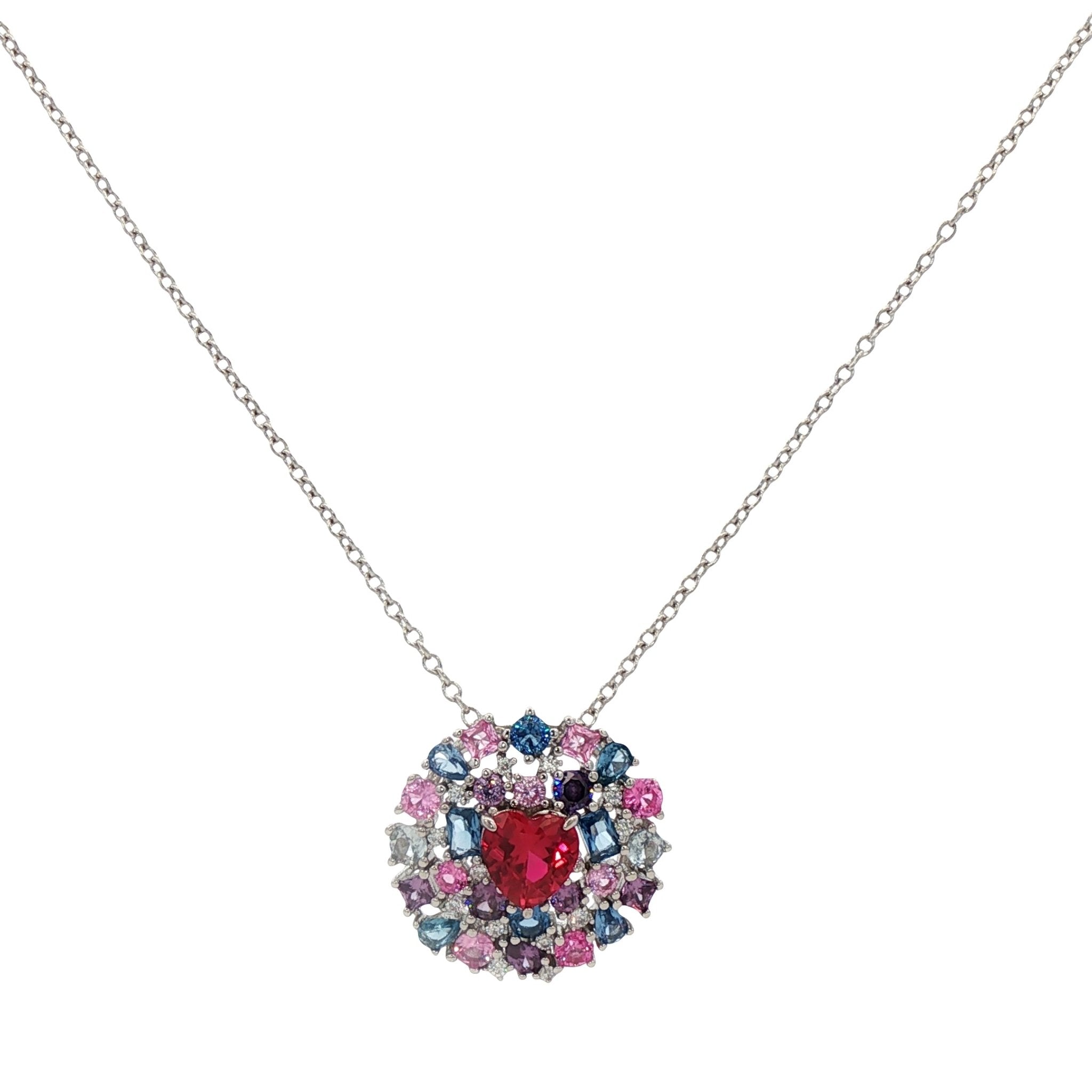 925SL HEART RED WITH CLUSTER MULTICOLOR CZ NECKLACE - C'SANTOS
