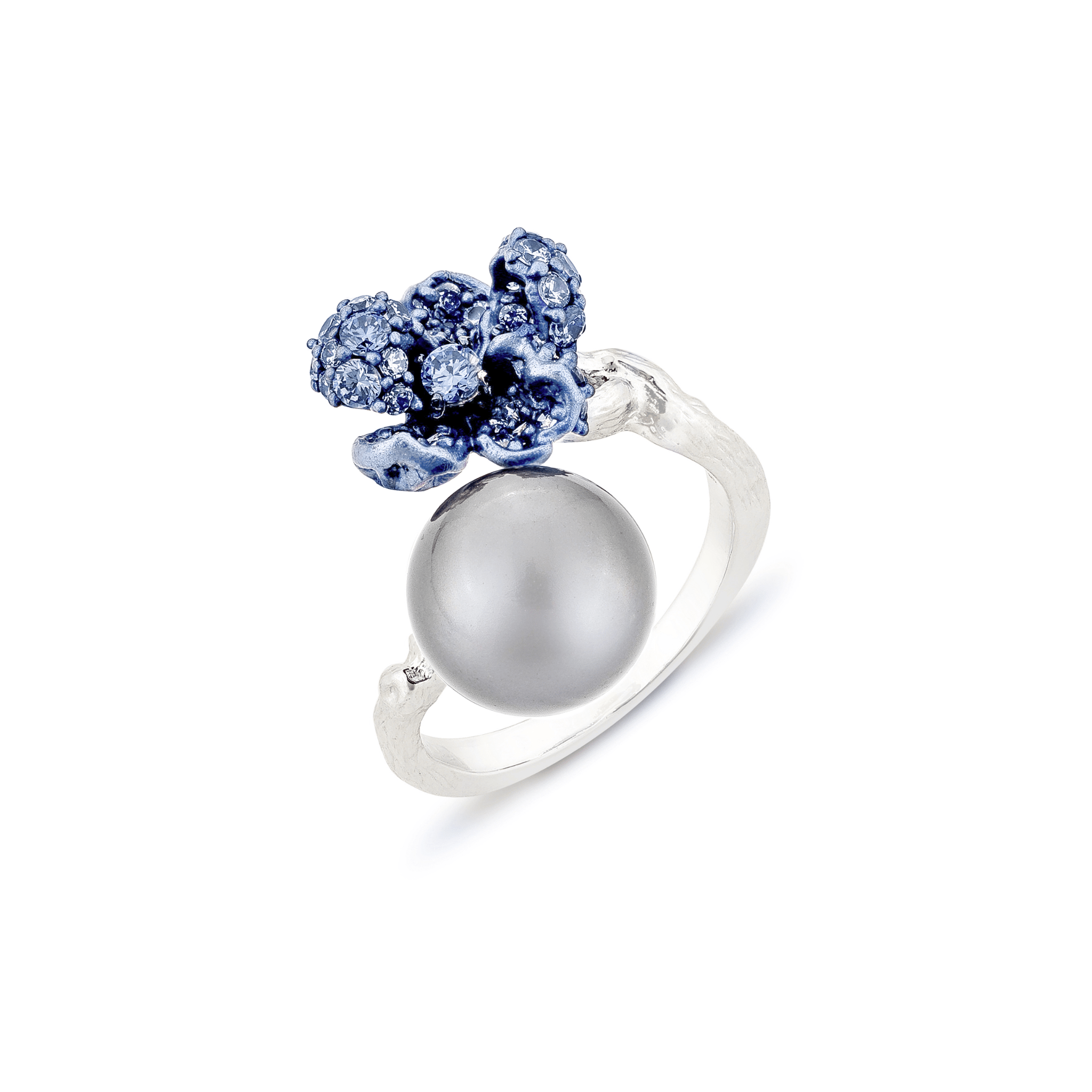 925SL MINI FLOWER BLUE CZ AND PEARL GREY OPEN RING T6 - C'SANTOS