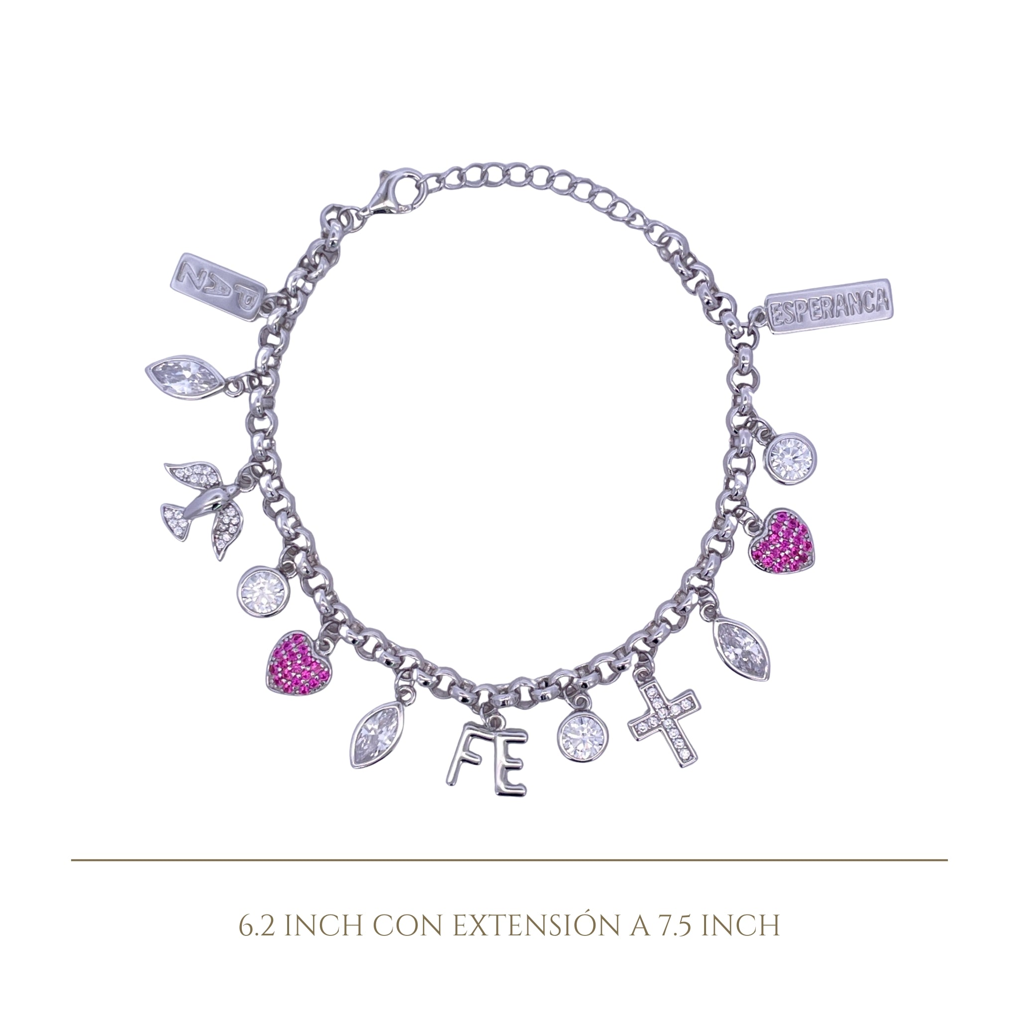 925SL MULTICHARMS RELIGIOUS HEART FUSHIA ESPERANCA BRACELET - C'SANTOS