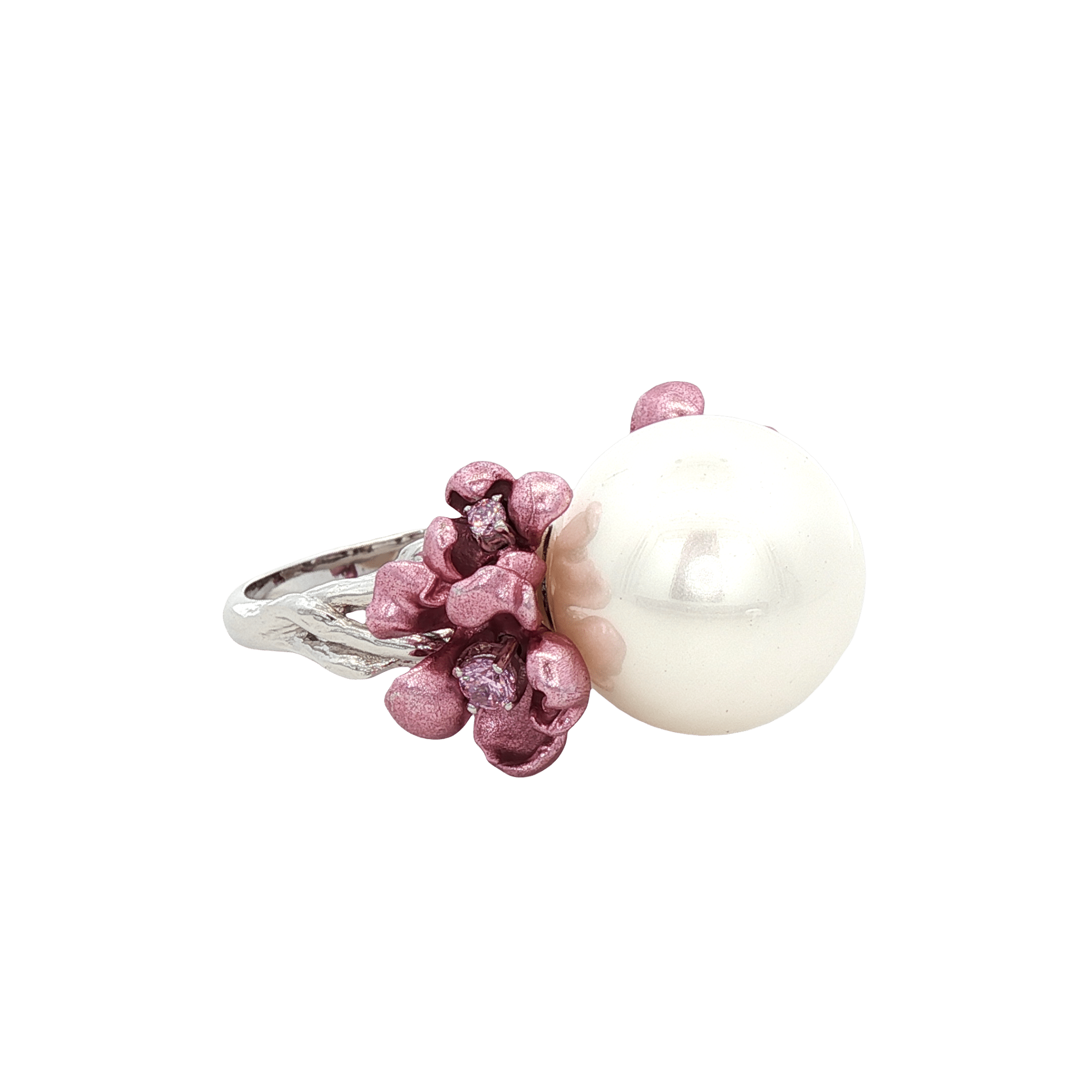 925SL PEARL CENTER AND FLOWER ALUMINIUM PINK CZ RING T7 - C'SANTOS