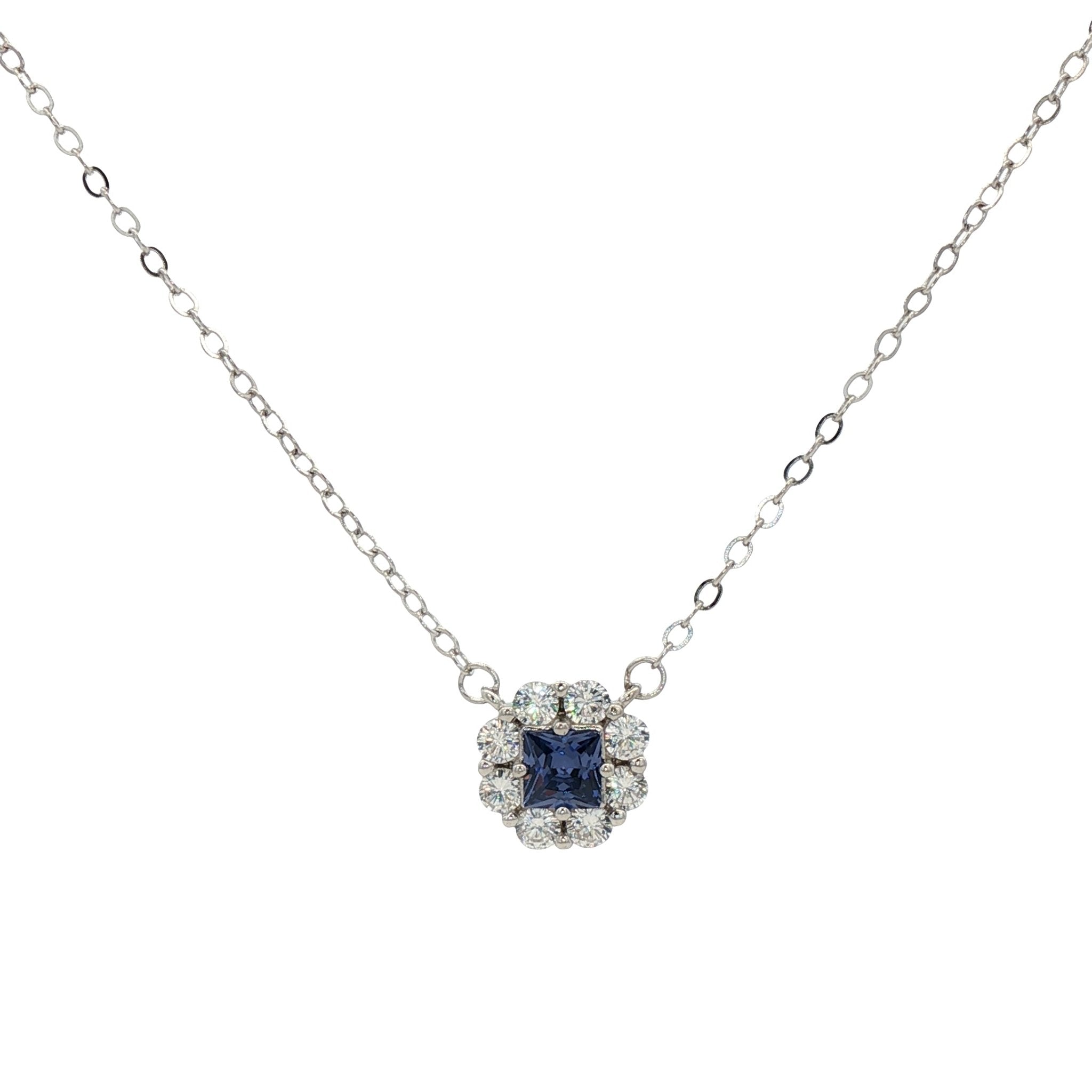 925SL ROUND HALO WHITE CENTER BLUE CZ STUD NECKLACE - C'SANTOS