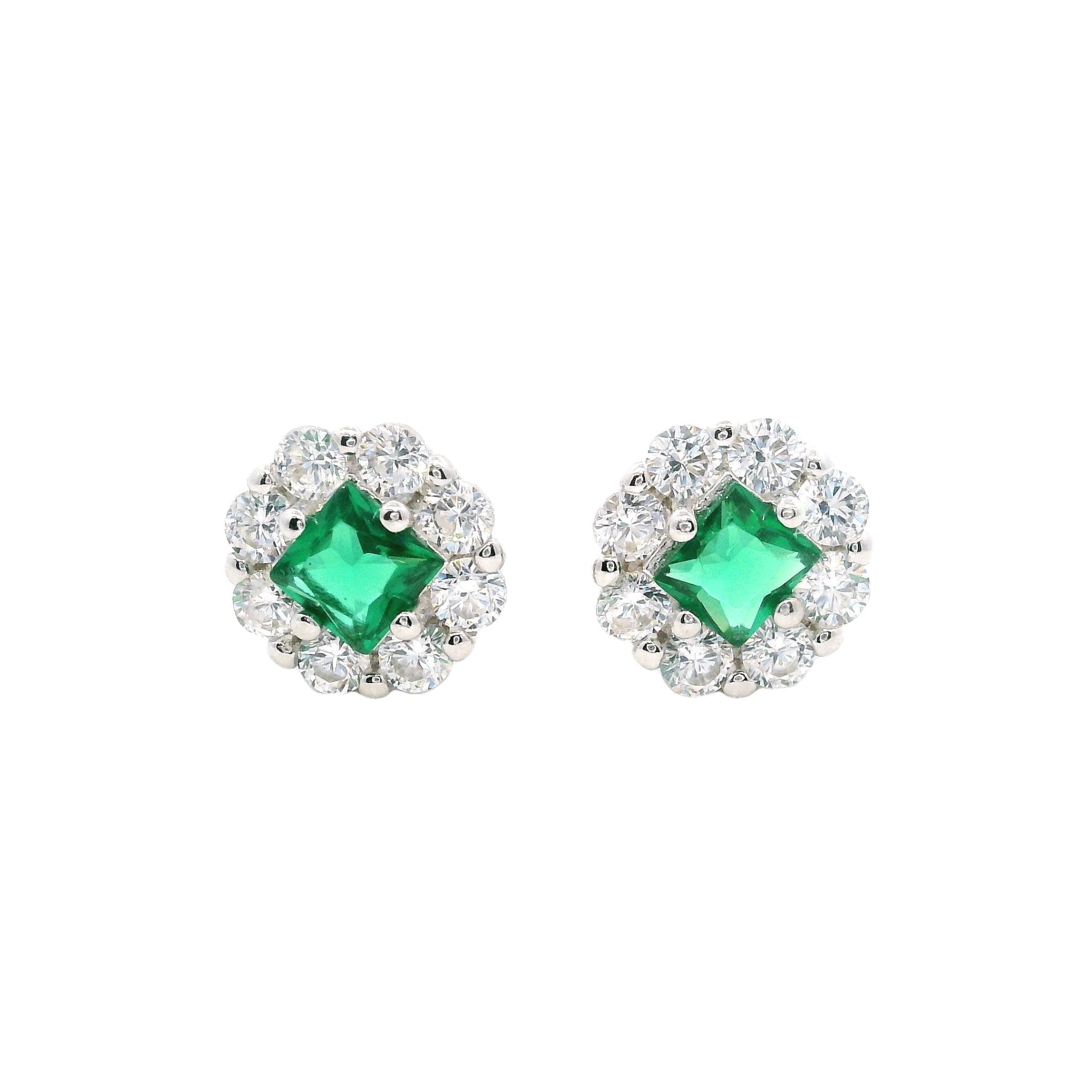 925SL ROUND HALO WHITE GREEN CZ EARRINGS - C'SANTOS