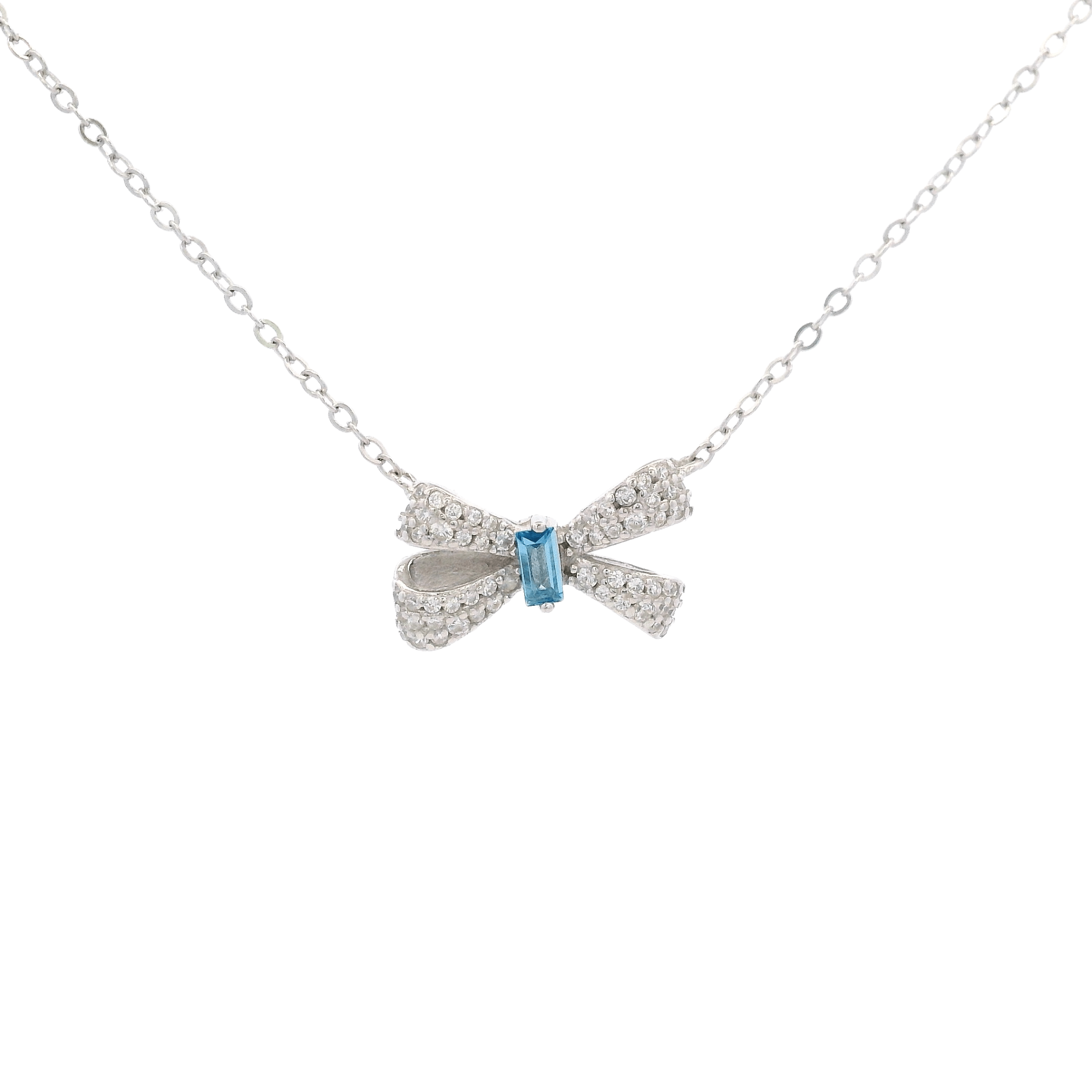 925SL SMALL BOW PAVE CENTER CZ BLUE NECKLACE - C'SANTOS