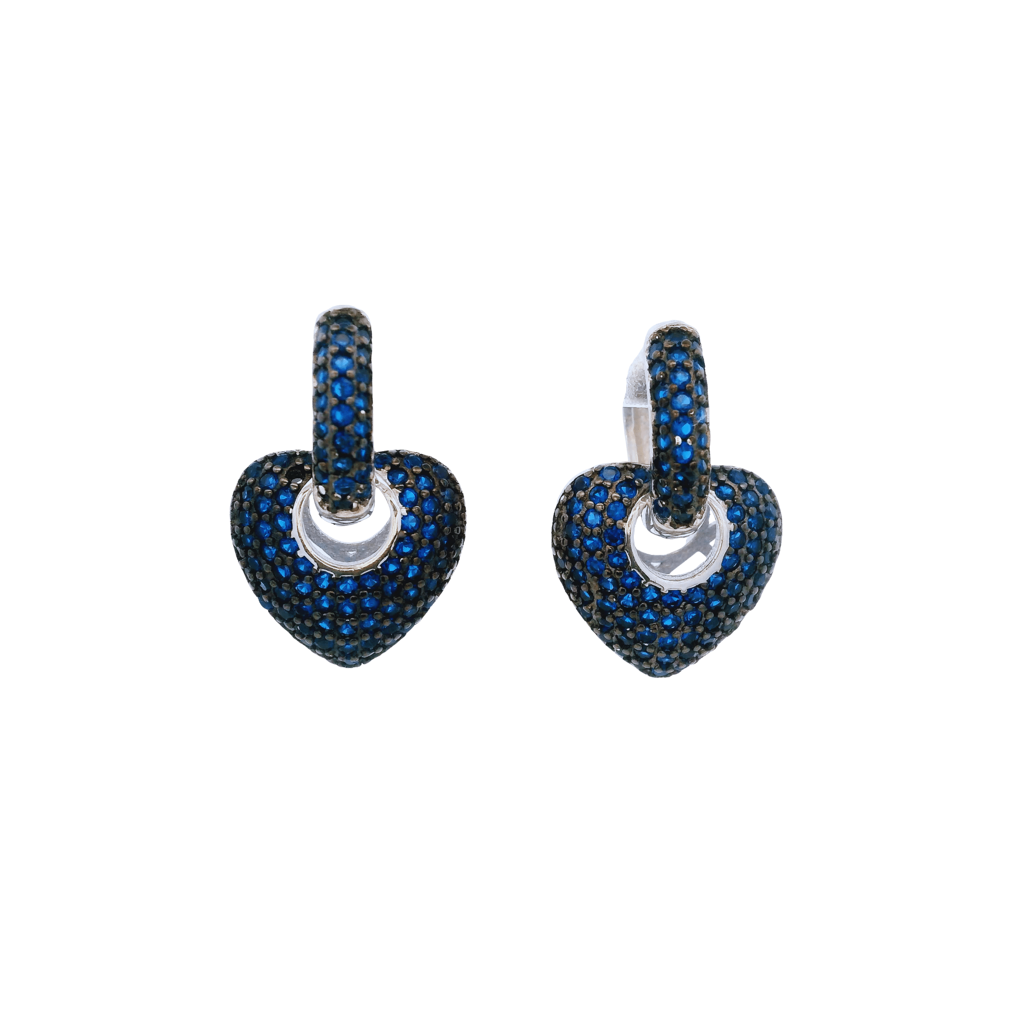 925SL SMALL DOME HEART PAVE CZ BLUE EARRINGS - C'SANTOS