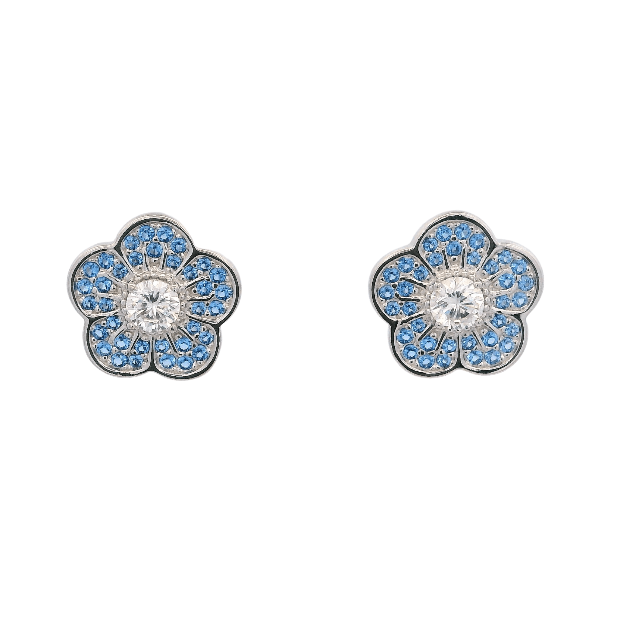 925SL SMALL FLOWER CZ BLUE EARRINGS - C'SANTOS