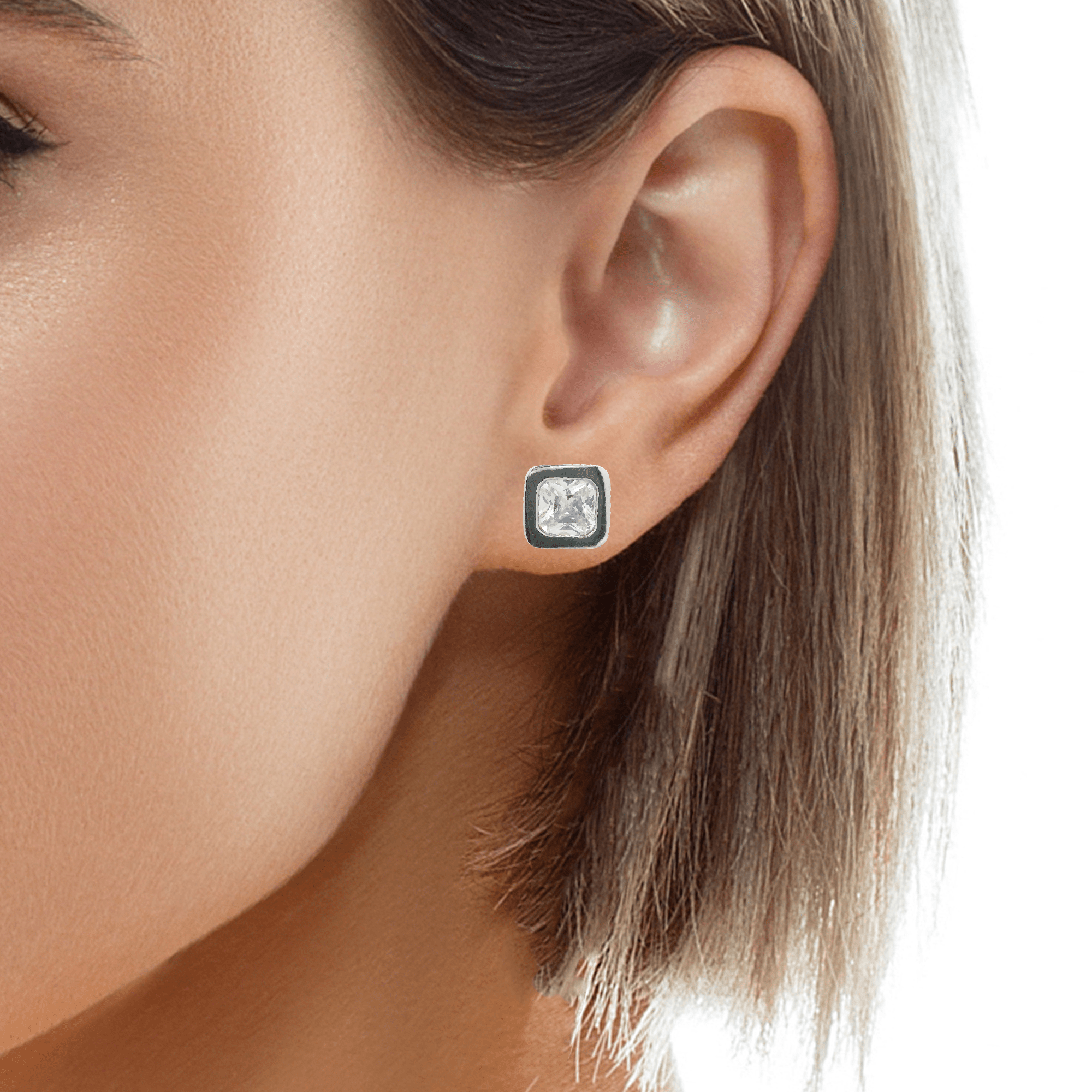 925SL SOLITARY SQUARE CZ EARRINGS - C'SANTOS
