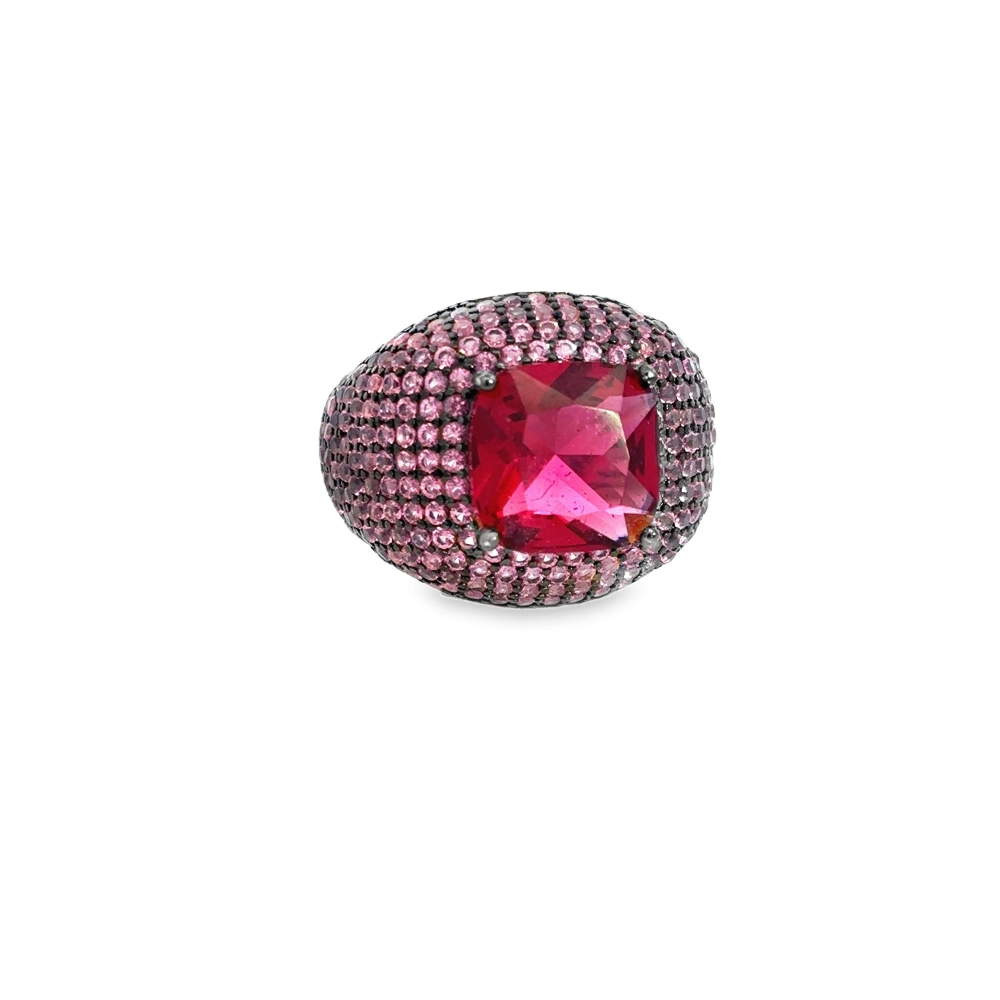 925SL SQUARE AND HALO PAVE PINK CZ ADJUSTABLE RING - C'SANTOS