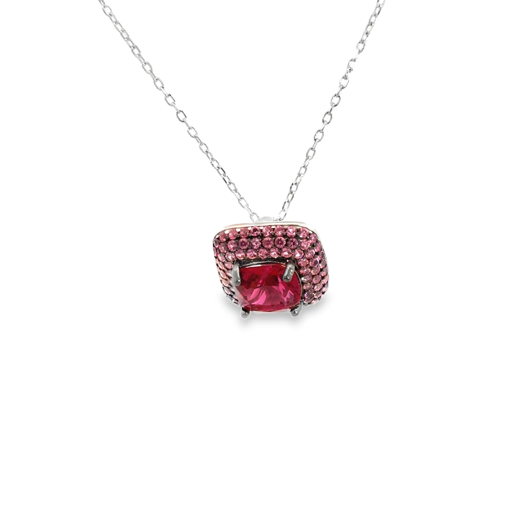 925SL SQUARE AND HALO PAVE PINK CZ NECKLACE - C'SANTOS