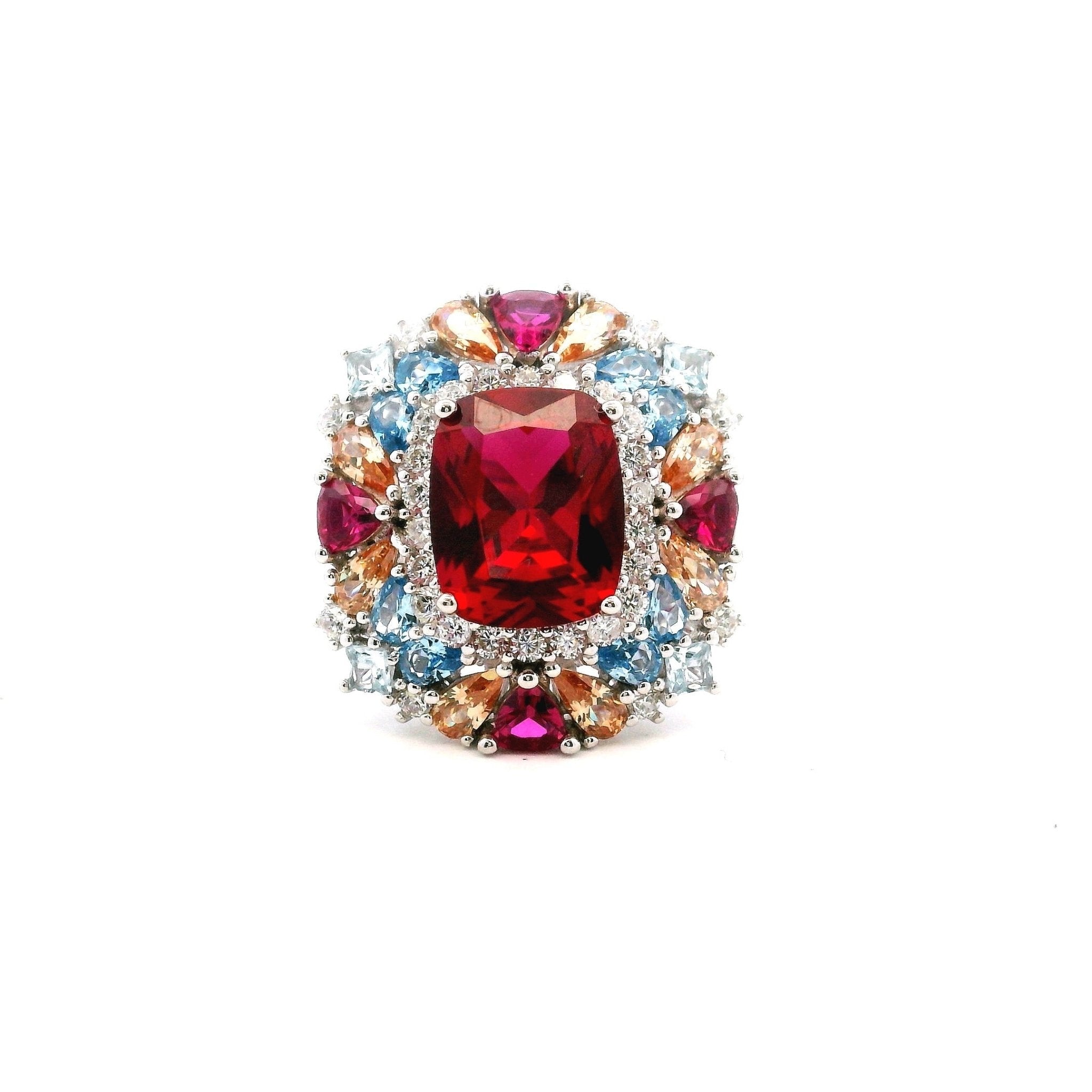925SL SQUARE RED WITH CLUSTER MULTICOLOR CZ RING - C'SANTOS
