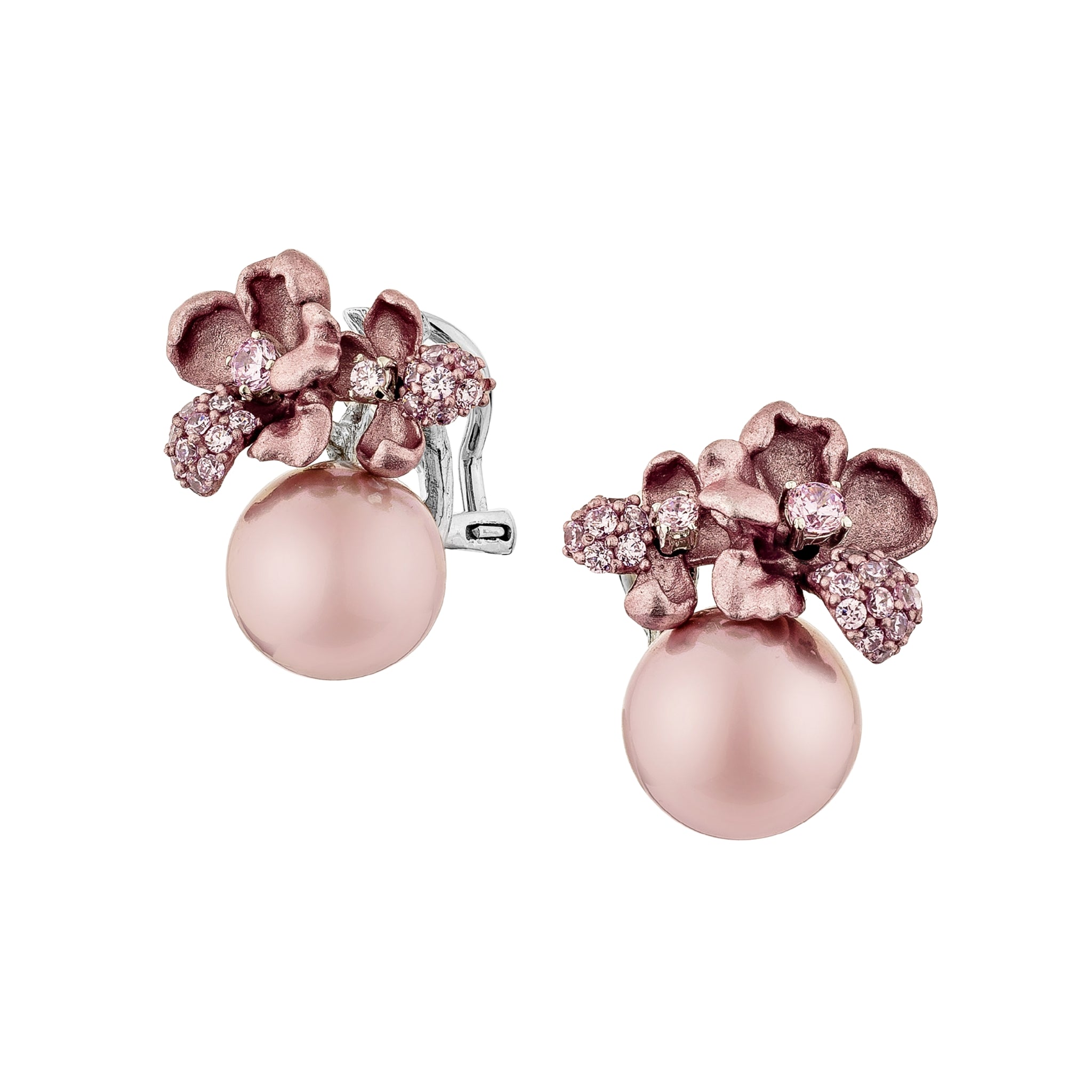 925SL TWO FLOWER ALUMINIUM PINK AND PEARL PINK CZ EARRINGS - C'SANTOS