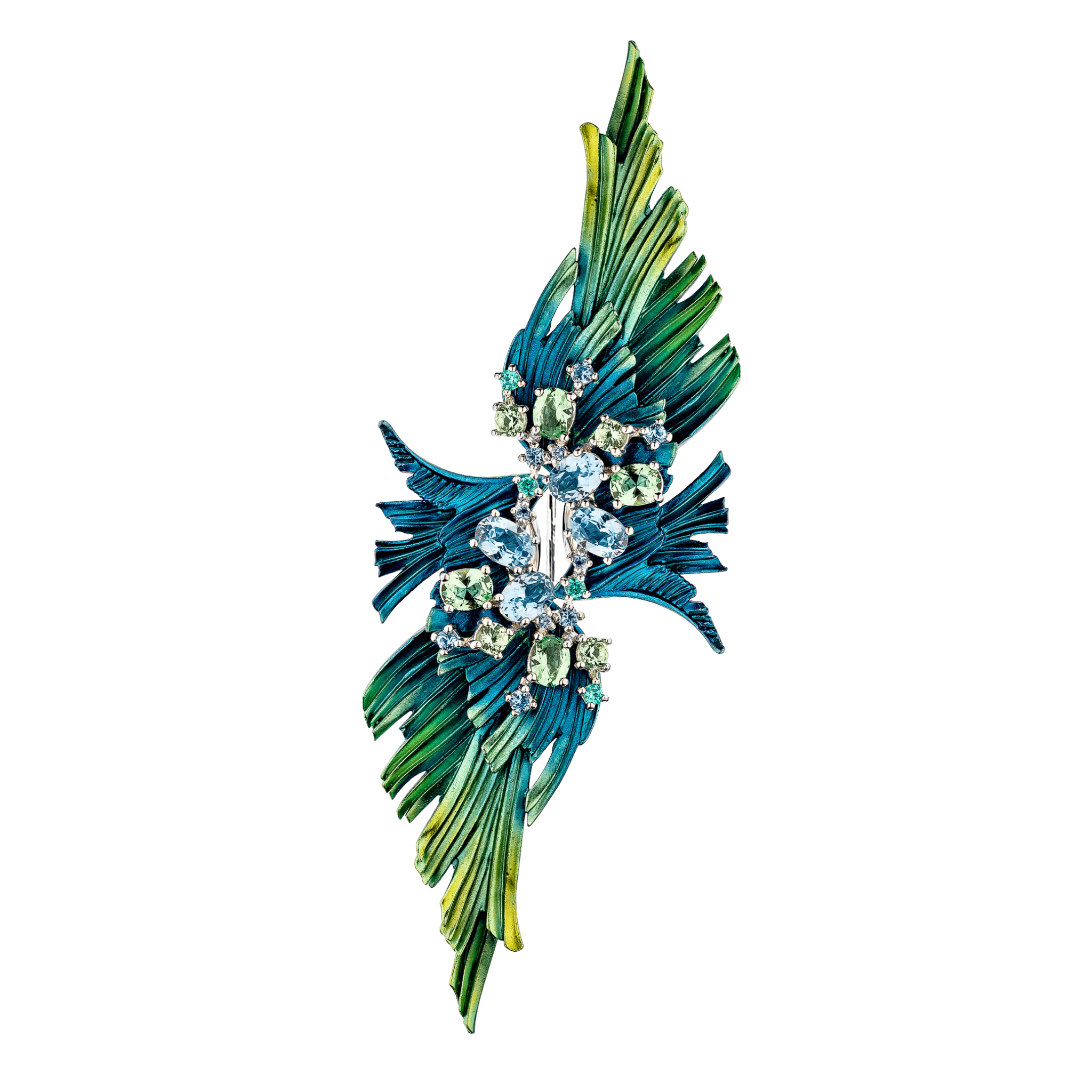 925SL WINGS ALUMINIUM BLUE GREEN AQUA BLUE BLUE TOPAZ SYN BROOCH - C'SANTOS