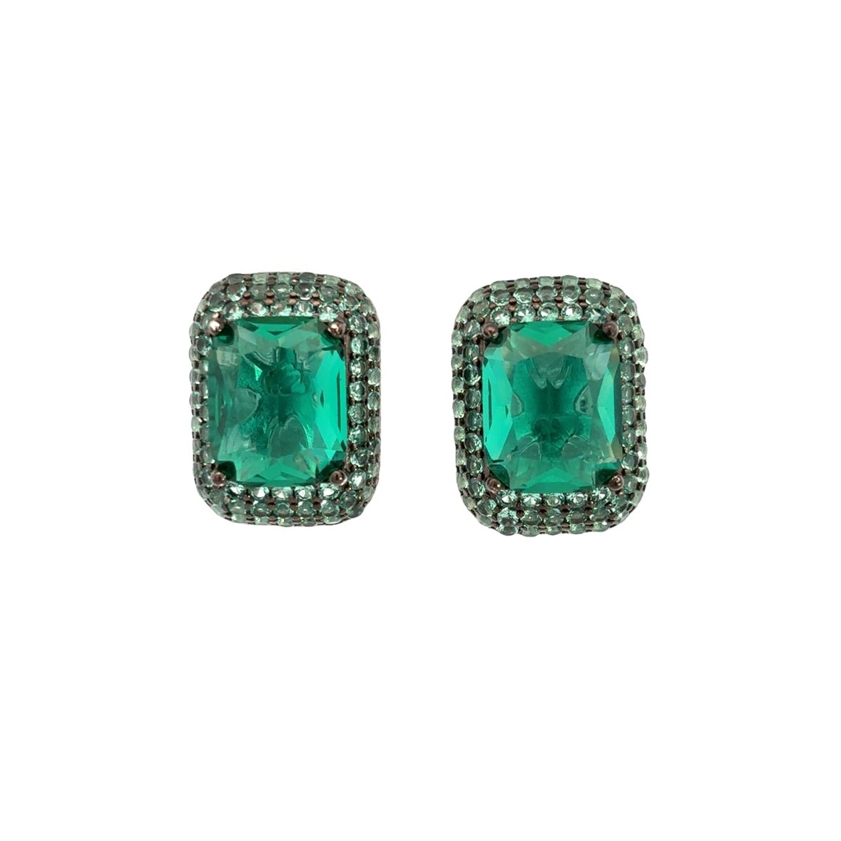 925SS RECTANGLE AND HALO PAVE GREEN CZ EARRINGS - C'SANTOS