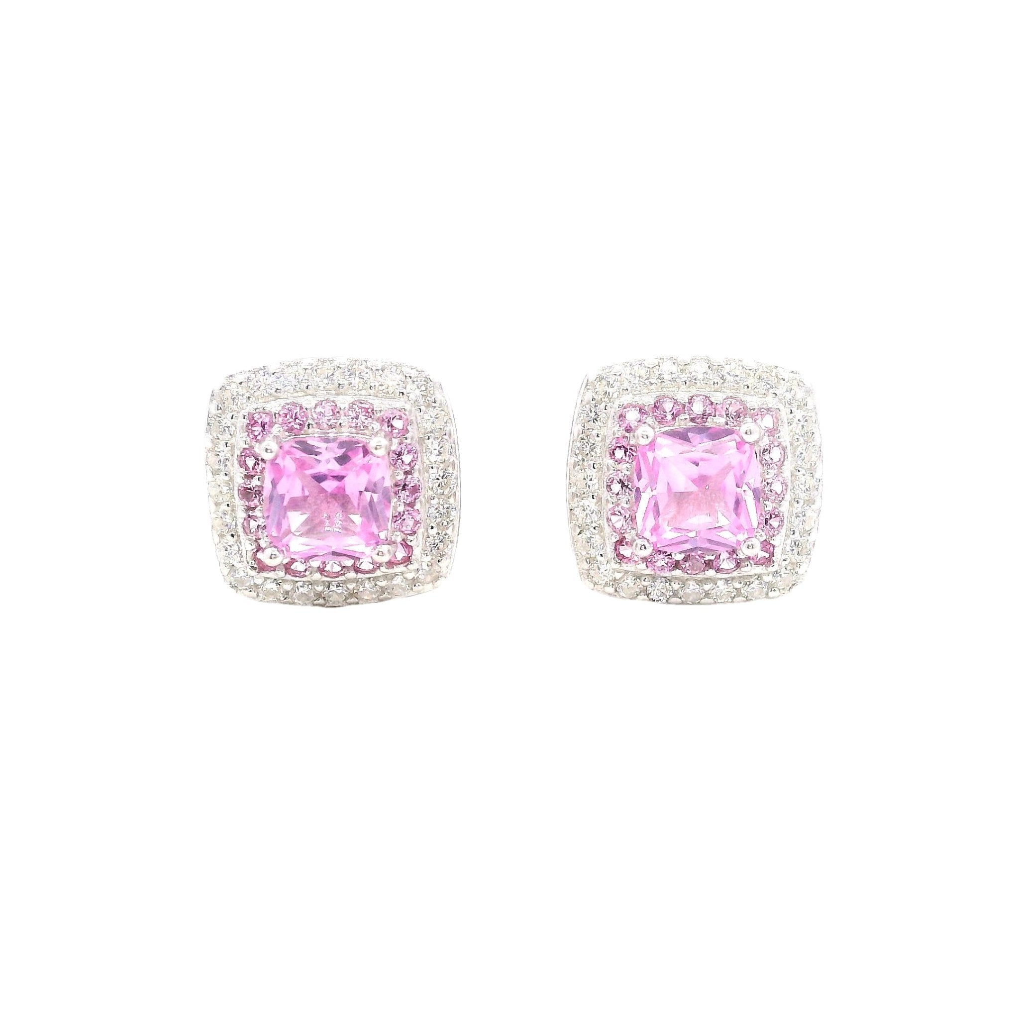 925SS SQUARE HALO CZ PINK STUD EARRINGS - C'SANTOS