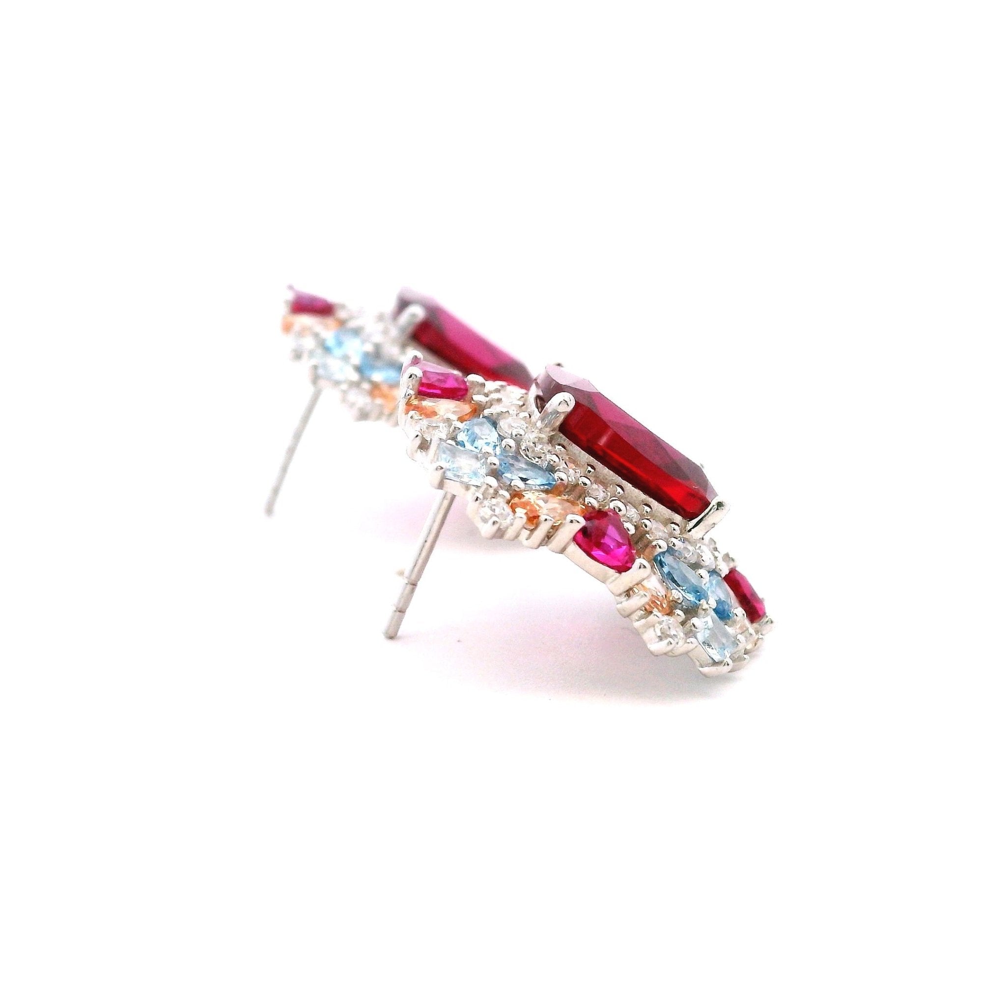 925SS SQUARE RED WITH CLUSTER MULTICOLOR CZ EARRINGS - C'SANTOS