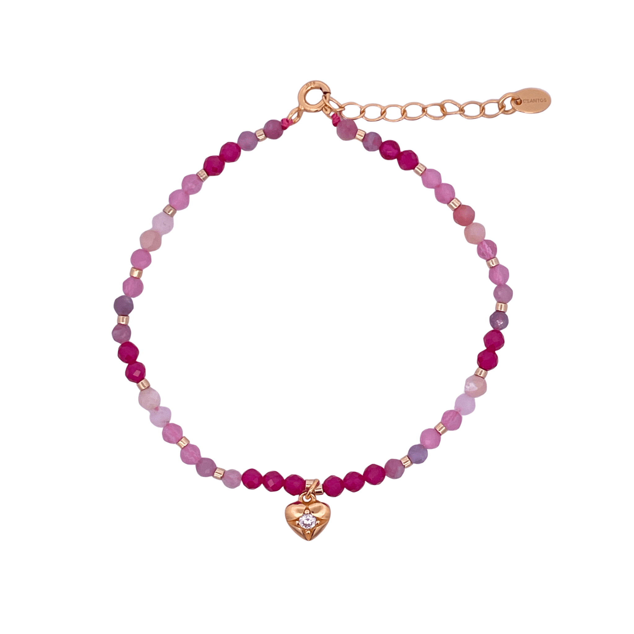 925YG BEANDS WITH SOLITARY HEART BRACELET PINK CATS EYE OP TOU PINK RUBY - C'SANTOS