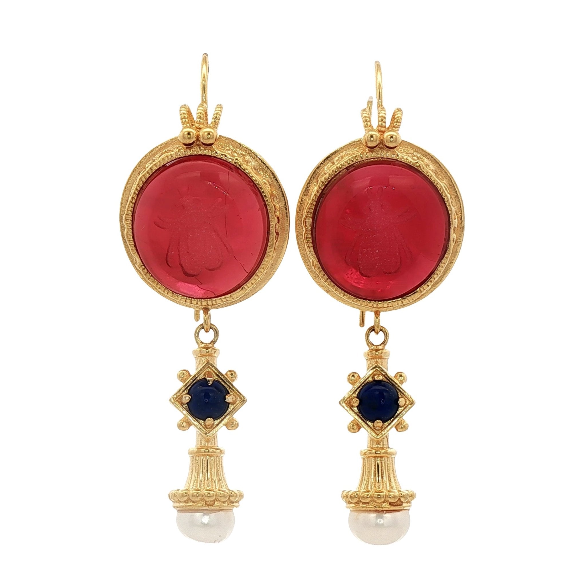925YG BEE RED AND PEARL LAPIS LAZULI EARRINGS - C'SANTOS