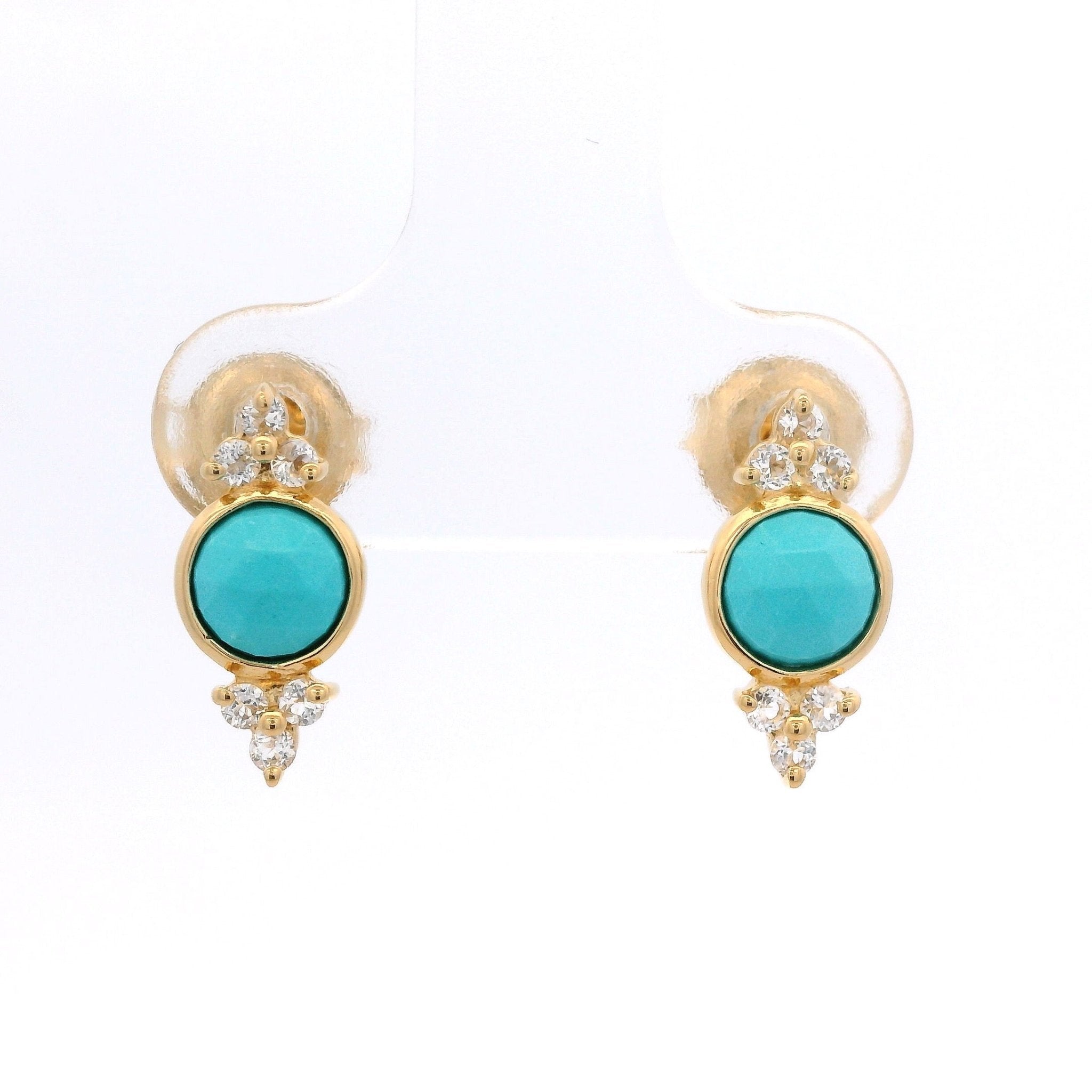 925YG BEZEL TURQUOISE SYN WITH POINTS TOPAZ WHITE EARRINGS - C'SANTOS