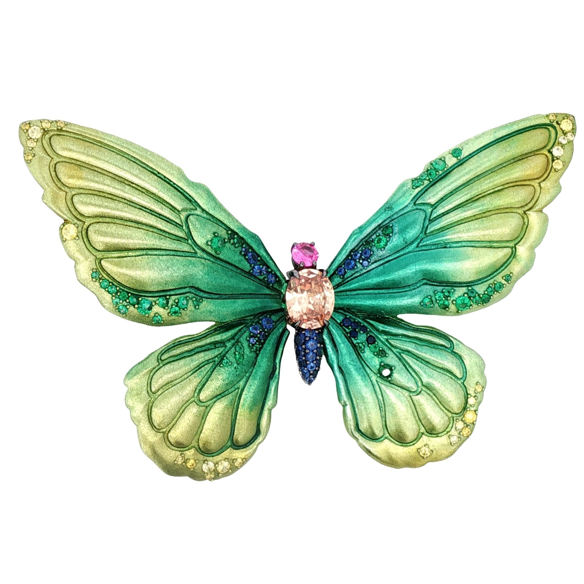 925YG BIG BUTTERFLY ALUMINIUM GREEN TO CENTER CHAMPANGE SYN BROOCH - C'SANTOS