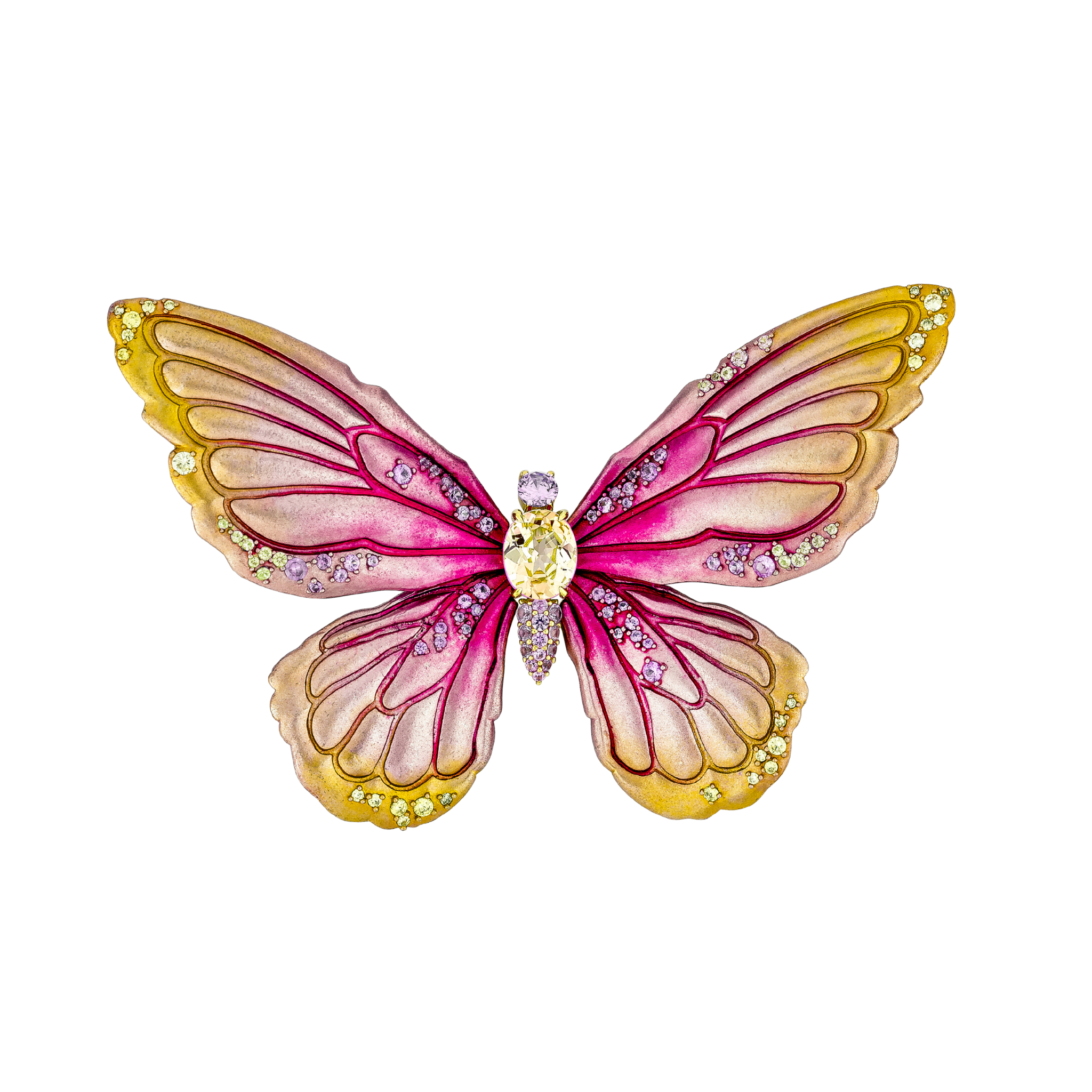925YG BIG BUTTERFLY ALUMINIUM PINK YELLOW CENTER CANNARY PINK CZ BROOCH - C'SANTOS