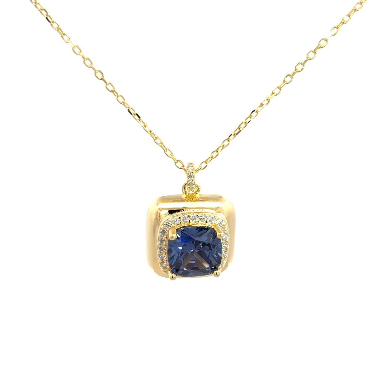 925YG BIG SQUARE BLUE CZ NECKLACE - C'SANTOS