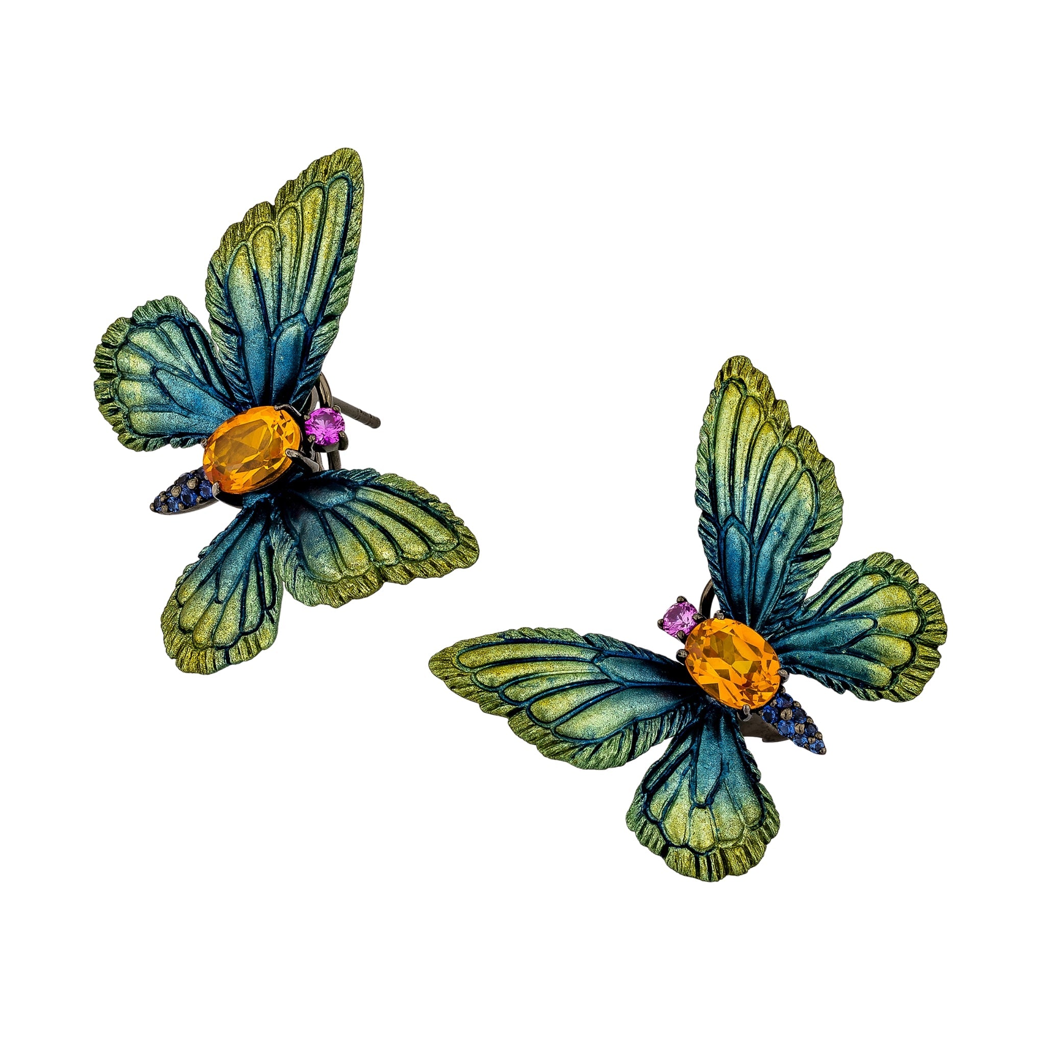 925YG BUTTERFLY ALUMINIUM BLUE TO GREEN CENTER CHAMPANGE SYN EARRINGS - C'SANTOS