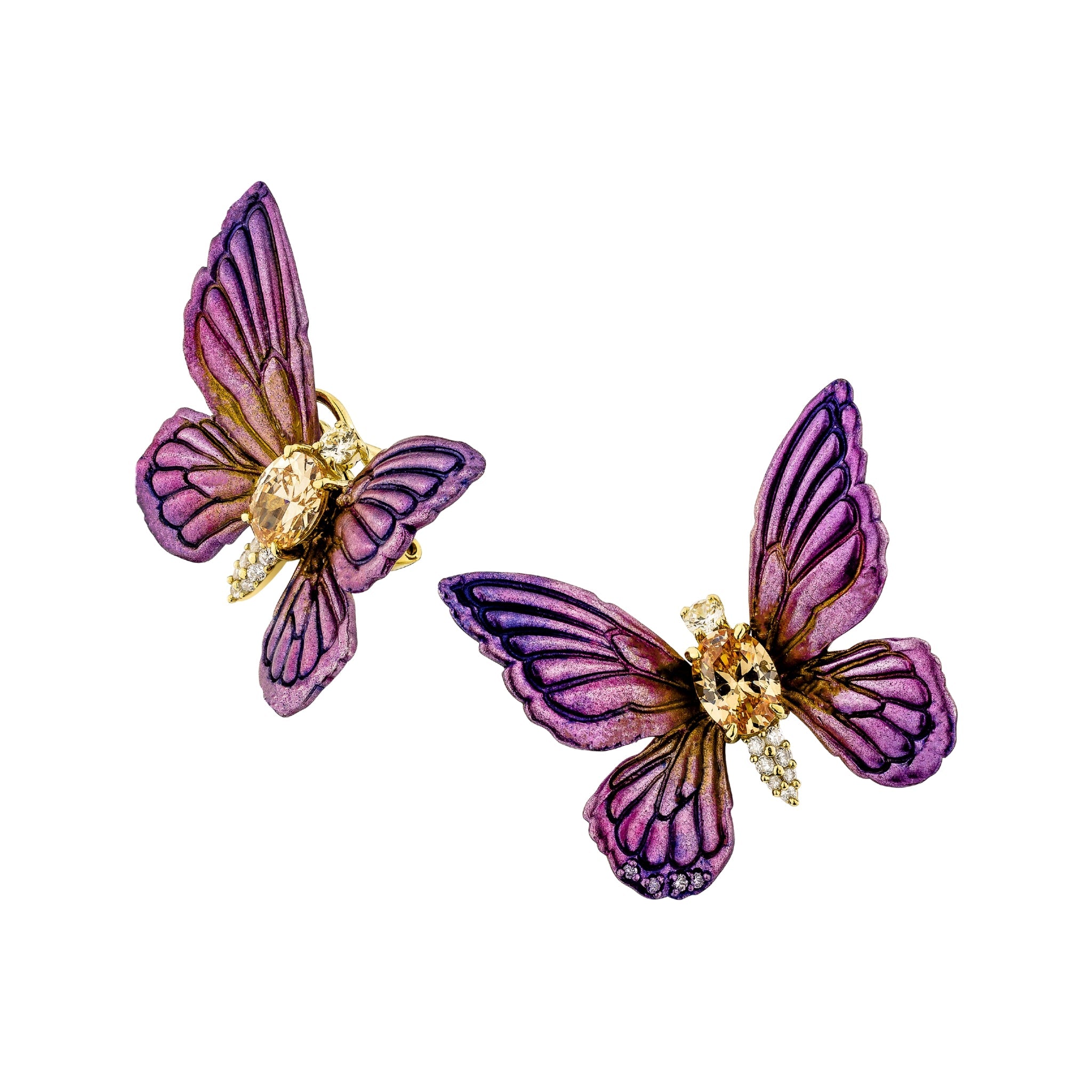 925YG BUTTERFLY ALUMINIUM PURPLE TONE CENTER CHAMPANGE CZ EARRINGS - C'SANTOS