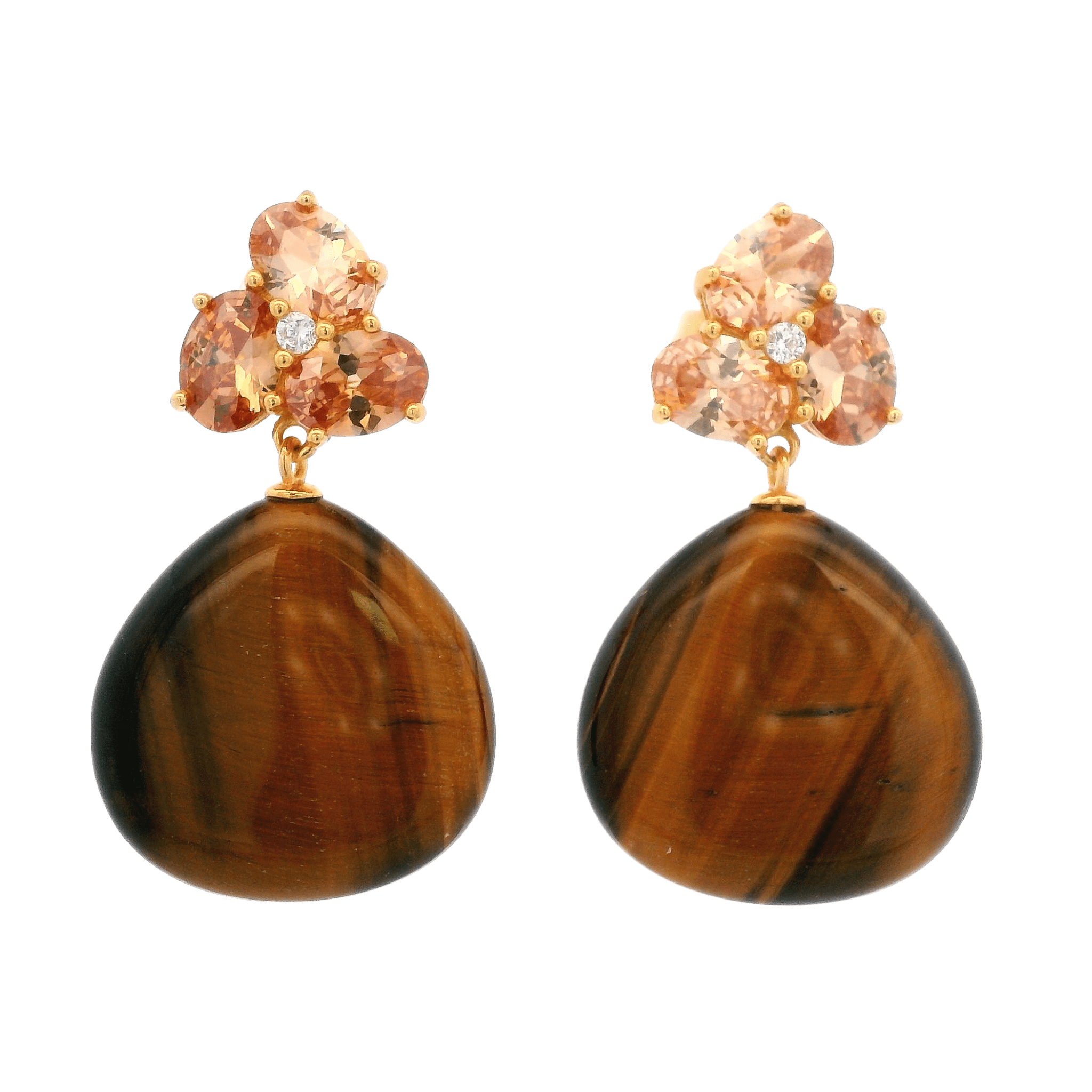 925YG CLUSTER AND DROP EARRINGS TIGERS EYE & CZ AMBAR - C'SANTOS
