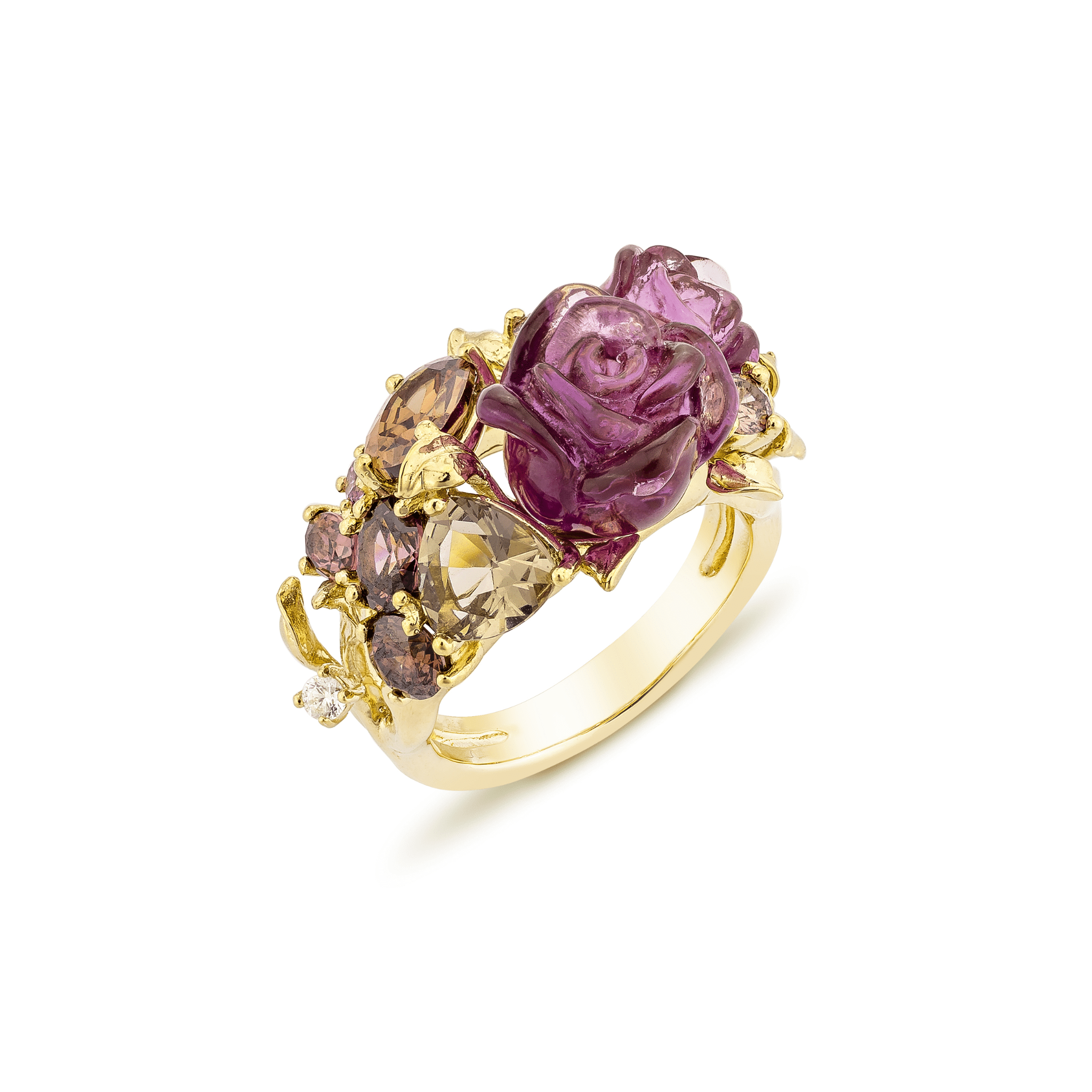 925YG CLUSTER FLOWER RESIN AMETHYST BROWN WHITE CZ RING T7 - C'SANTOS