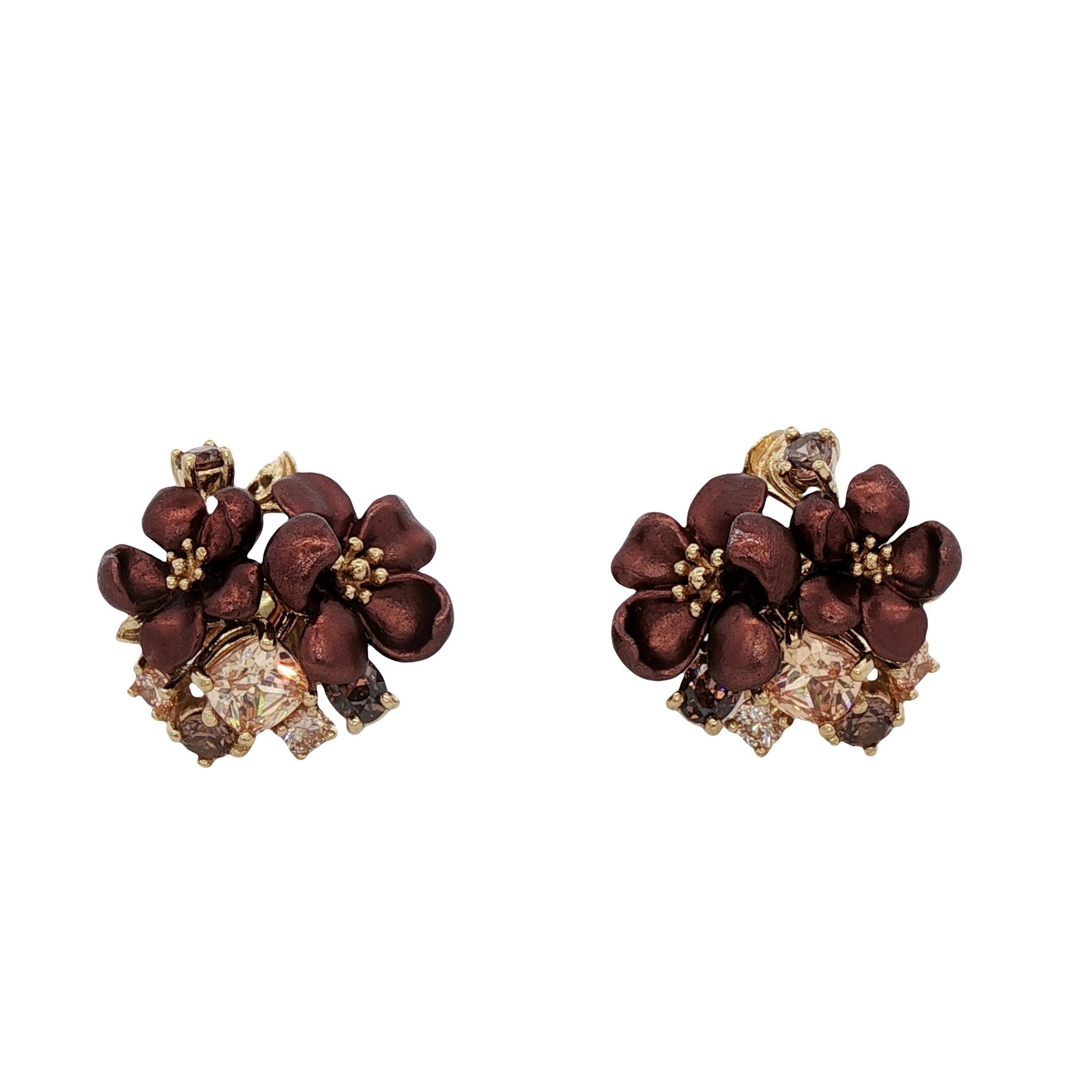 925YG CLUSTER STUD FLOWERS ALUMINIUM BROWN CHAMPANGE BROWN CZ EARRINGS - C'SANTOS